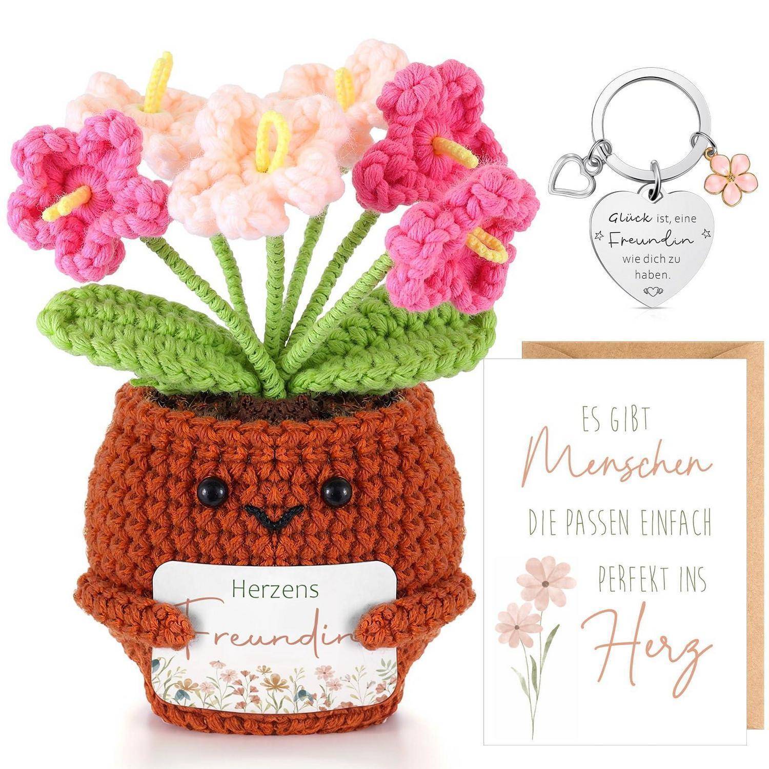 Gehäkelter Blumentopf-Geschenk mit Schlüsselanhänger und Karte, mit deutschen Botschaften über Freundschaft und das Herz.