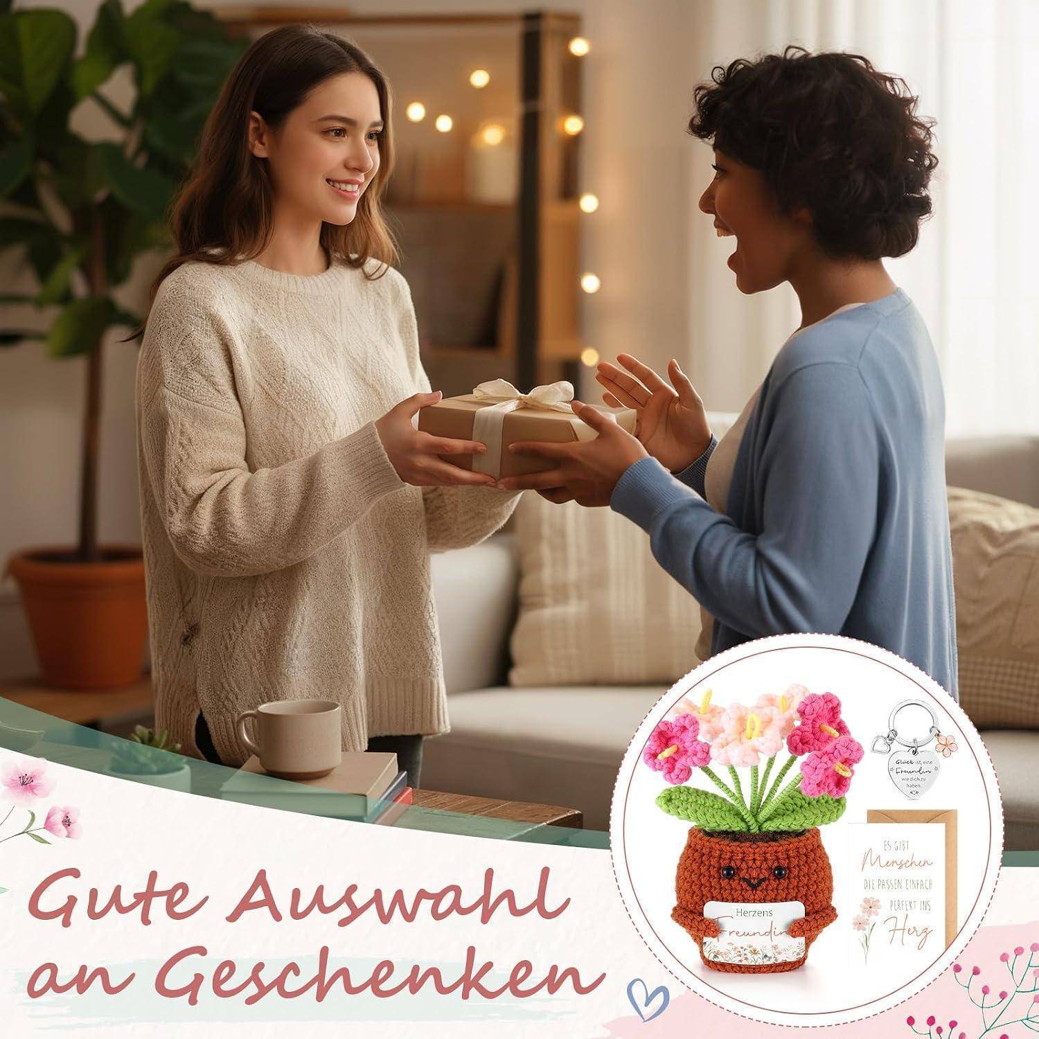 Zwei Frauen lächeln, während die eine der anderen ein verpacktes Geschenk in einem gemütlichen Wohnzimmer überreicht; deutscher Text lautet „Gute Auswahl an Geschenken