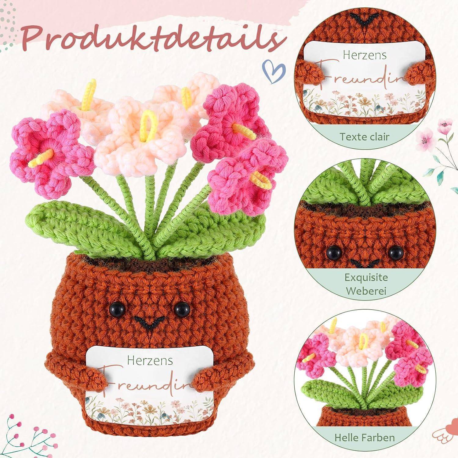 Gehäkeltes Blumentopf-Plüsch mit lachendem Gesicht, das ein Schild mit der Aufschrift „Herzensfreundin