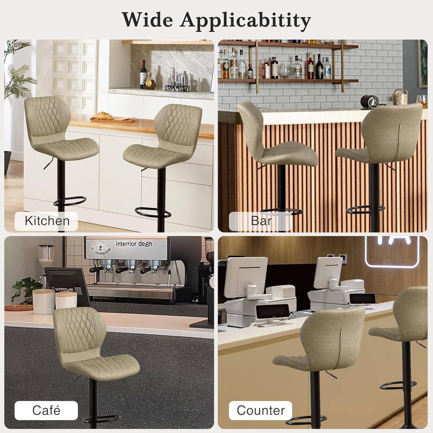 Collage mit dem Titel „Breite Anwendbarkeit" zeigt beige gepolsterte drehbare Barhocker, die in einer Küche, Bar, Café und Thekenumgebung verwendet werden.