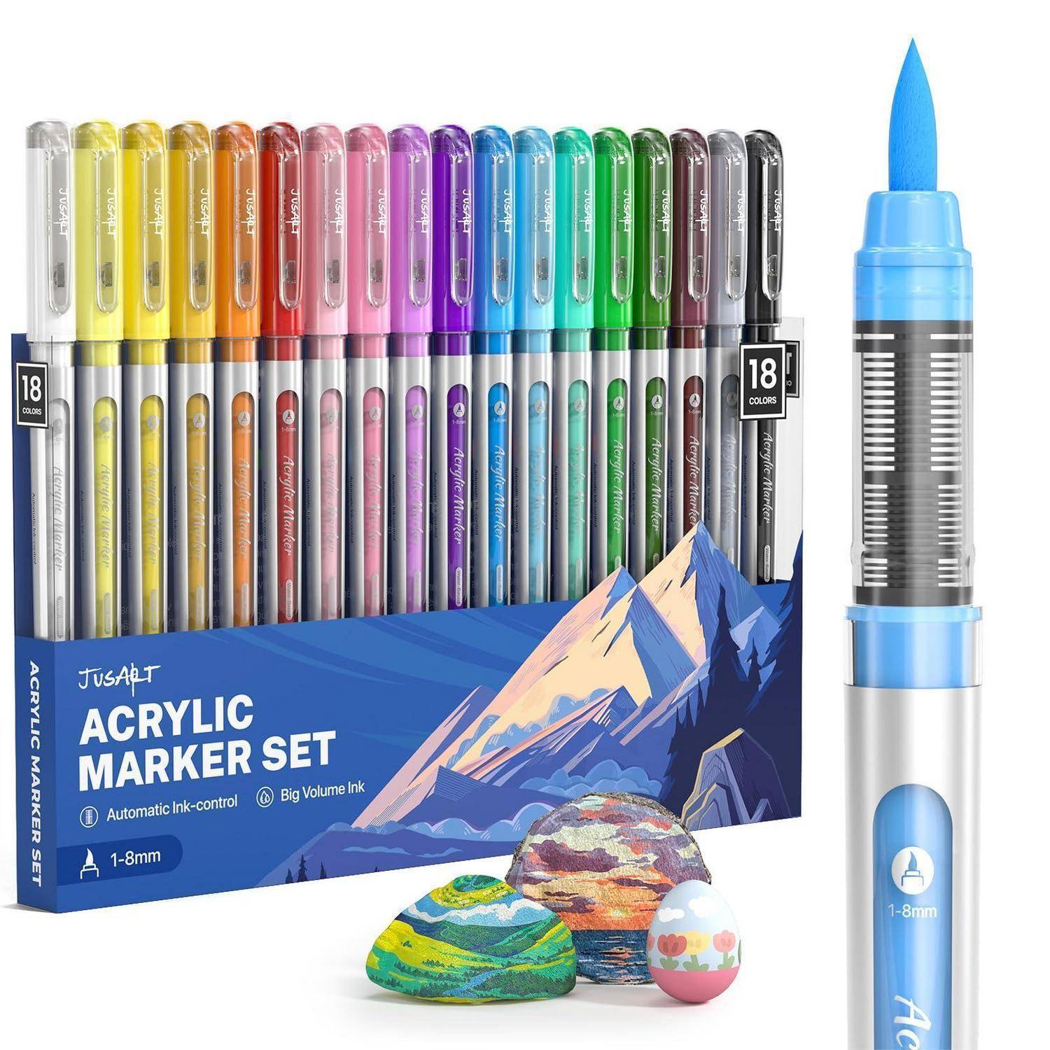 Satz von 18 farbenfrohen Acrylmarkern in einer Schachtel, plus ein vergrößerter blauer Marker, mit drei bemalten Steinen davor.