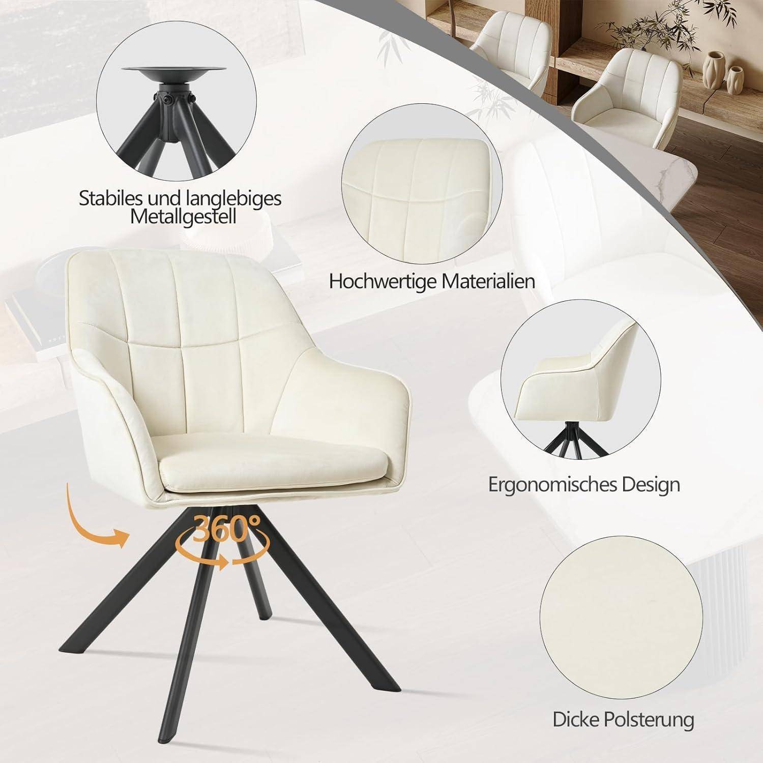 Drehstuhl Esszimmer 4er Set Creme mit Armlehne Polsterstuhl Cord Esszimmerstühle drehbar Küchenstuhl mit Metallbeine für Wohnzimmer Esszimmer 4er
