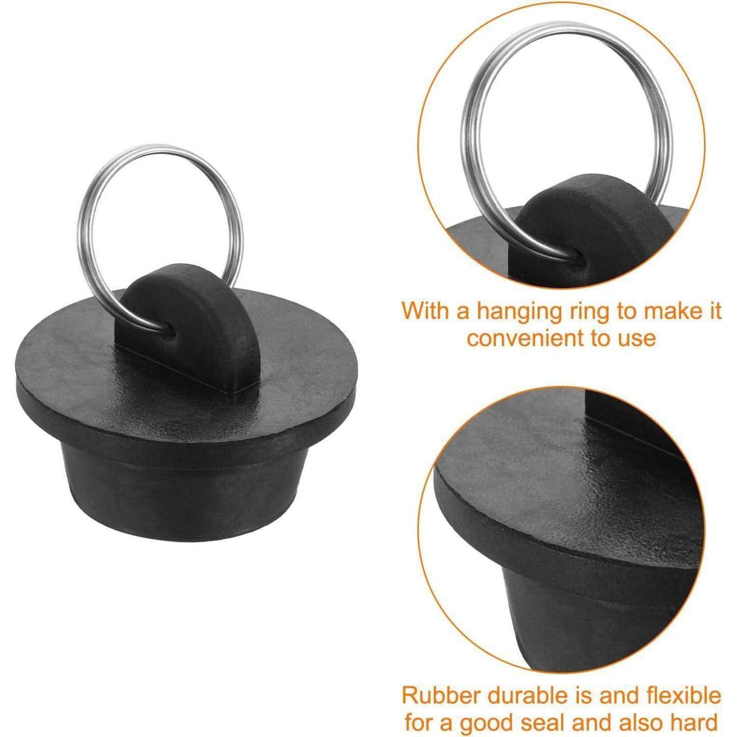 Schwarzer Gummiablasssstopfen mit Metallzugring, gezeigt mit Nahaufnahmen, die den praktischen Aufhängering und das flexible, langlebige Material hervorheben.
