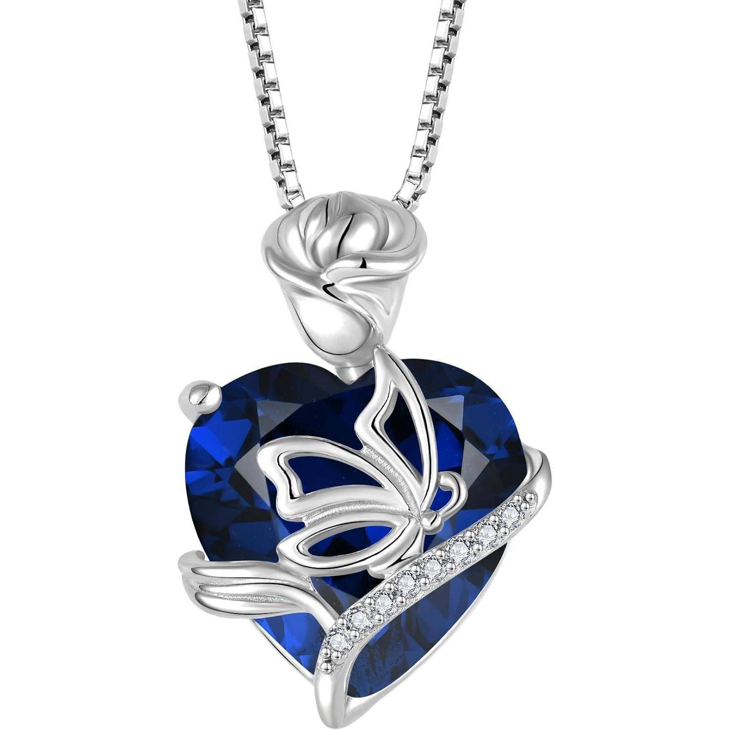 FJ Herz Geburtsstein Kette Damen 925 Sterling Silber Schmetterling Kette Anhänger Rose Blume Halskette Schmuck Geschenke für Frauen Mutter Freundin