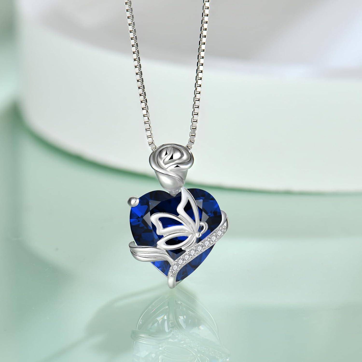 FJ Herz Geburtsstein Kette Damen 925 Sterling Silber Schmetterling Kette Anhänger Rose Blume Halskette Schmuck Geschenke für Frauen Mutter Freundin