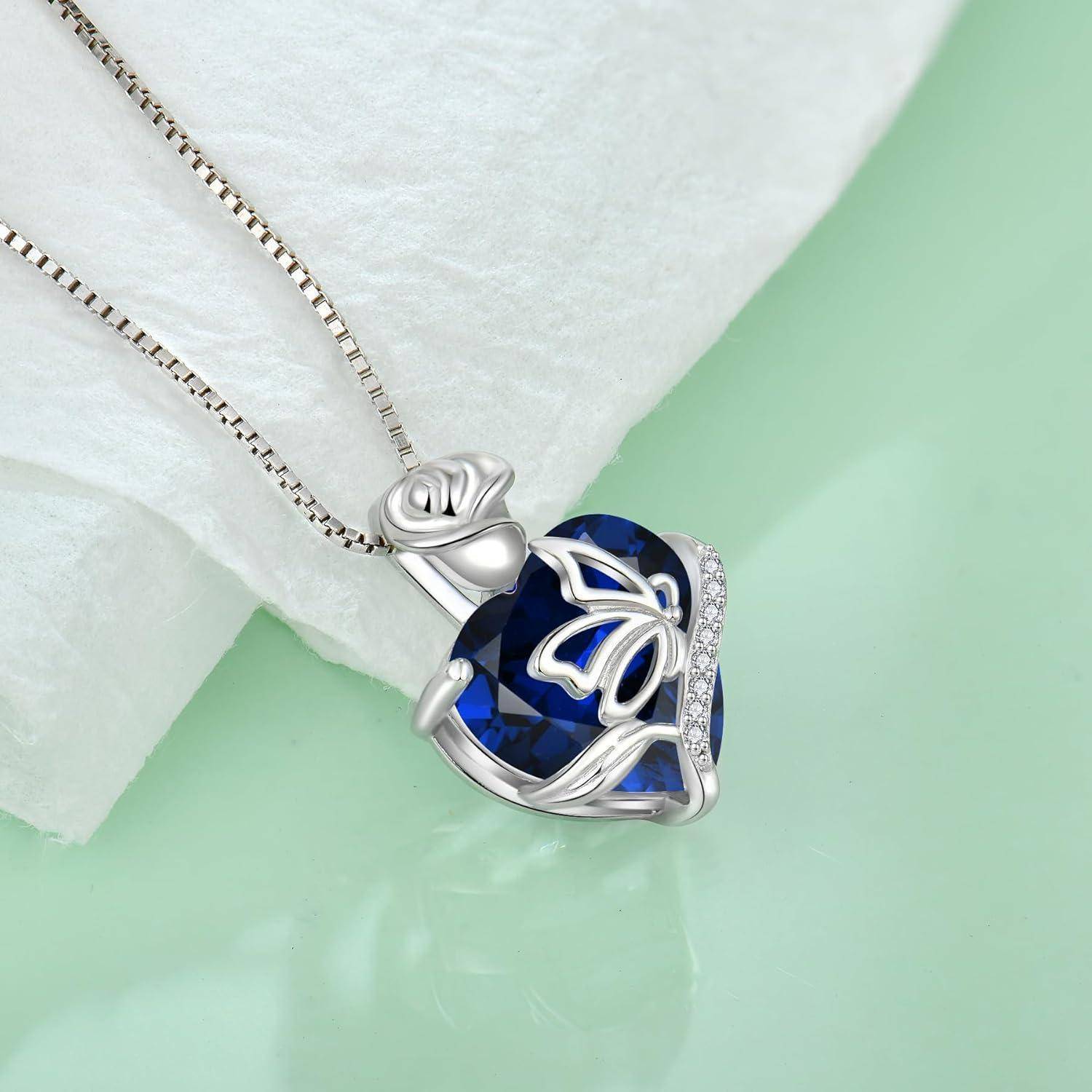 FJ Herz Geburtsstein Kette Damen 925 Sterling Silber Schmetterling Kette Anhänger Rose Blume Halskette Schmuck Geschenke für Frauen Mutter Freundin