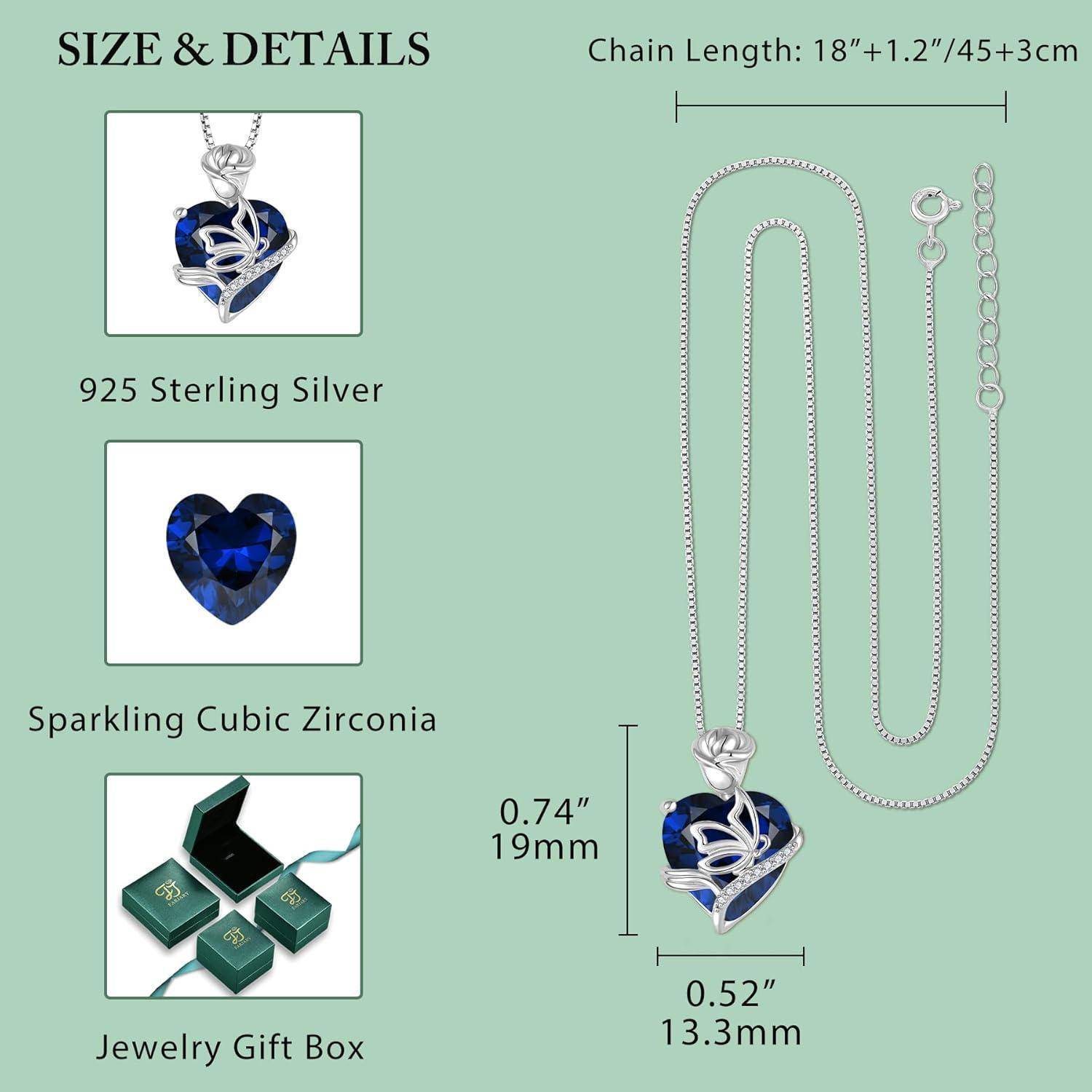 FJ Herz Geburtsstein Kette Damen 925 Sterling Silber Schmetterling Kette Anhänger Rose Blume Halskette Schmuck Geschenke für Frauen Mutter Freundin