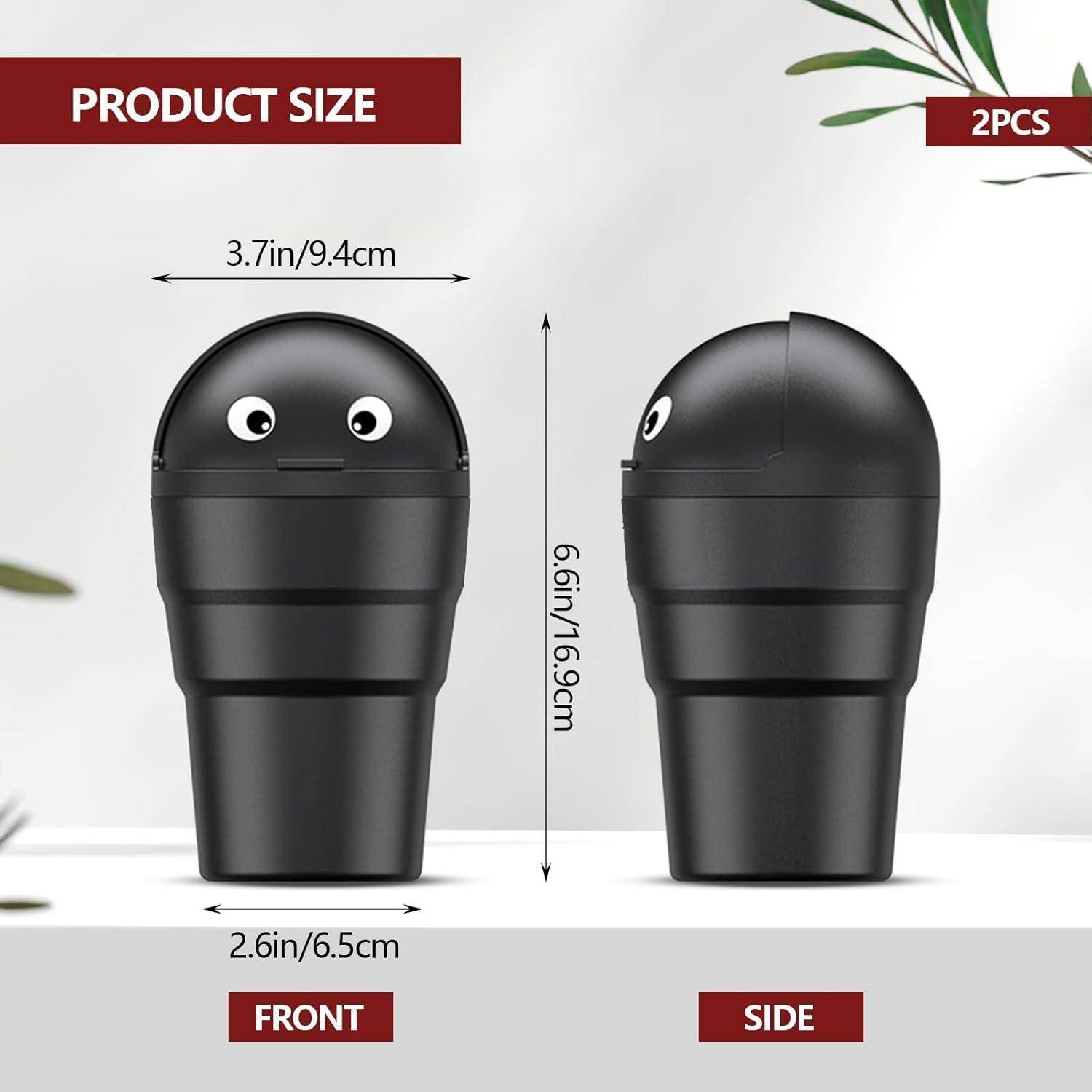 Produktgrößendiagramm eines schwarzen eulenförmigen Behälters von vorne und von der Seite gezeigt: 6,9 Zoll/16,9 cm Höhe, 3,7 Zoll/9,4 cm Breite, 2,6 Zoll/6,5 cm Basis; 2 Stück.