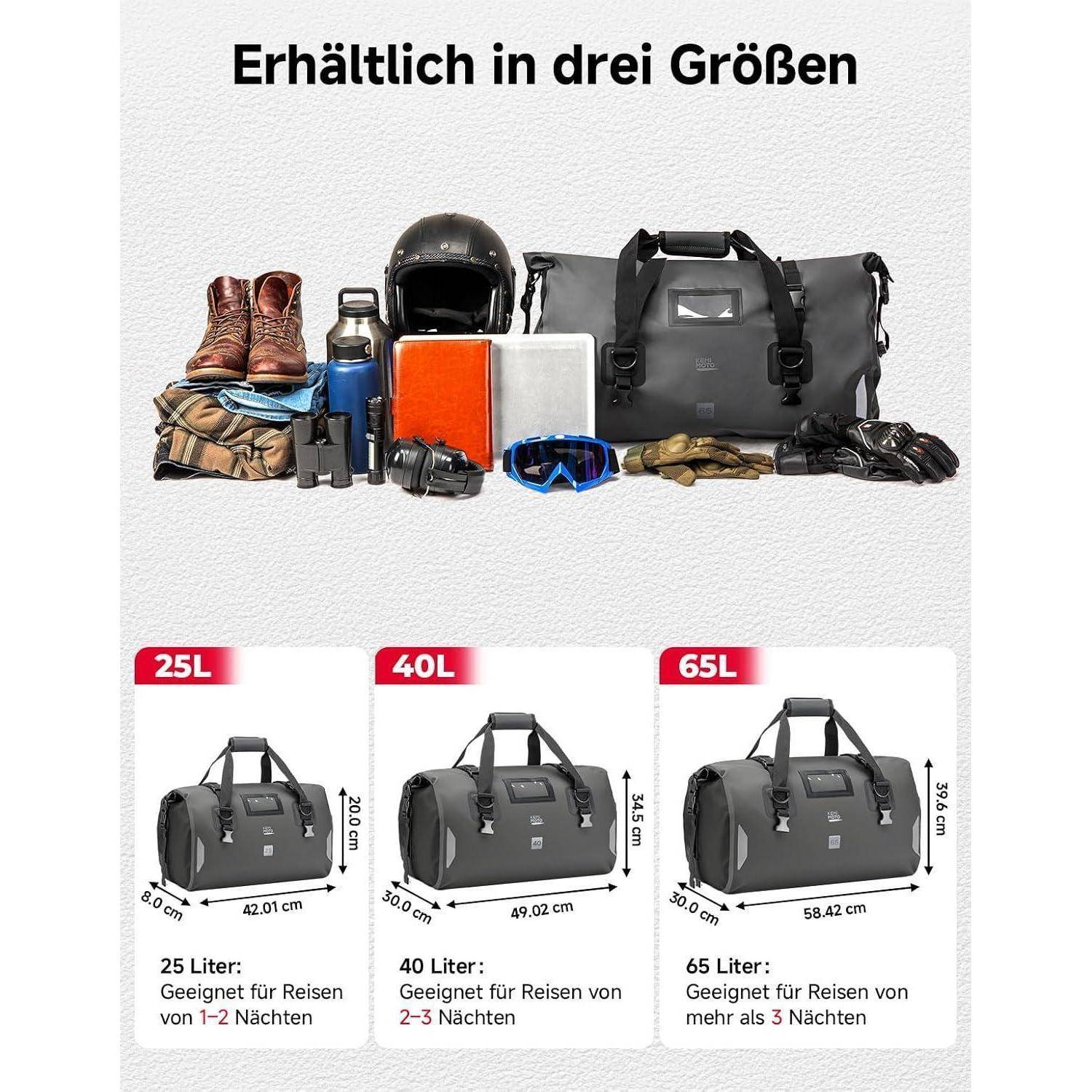 KEMIMOTO Motorrad Hecktasche 65L, IPX6 wasserdichte Motorradtasche Gepäckrolle mit Schnellverschlussgurten, Große Kapazität &amp; Mehrere Fächer, Idea