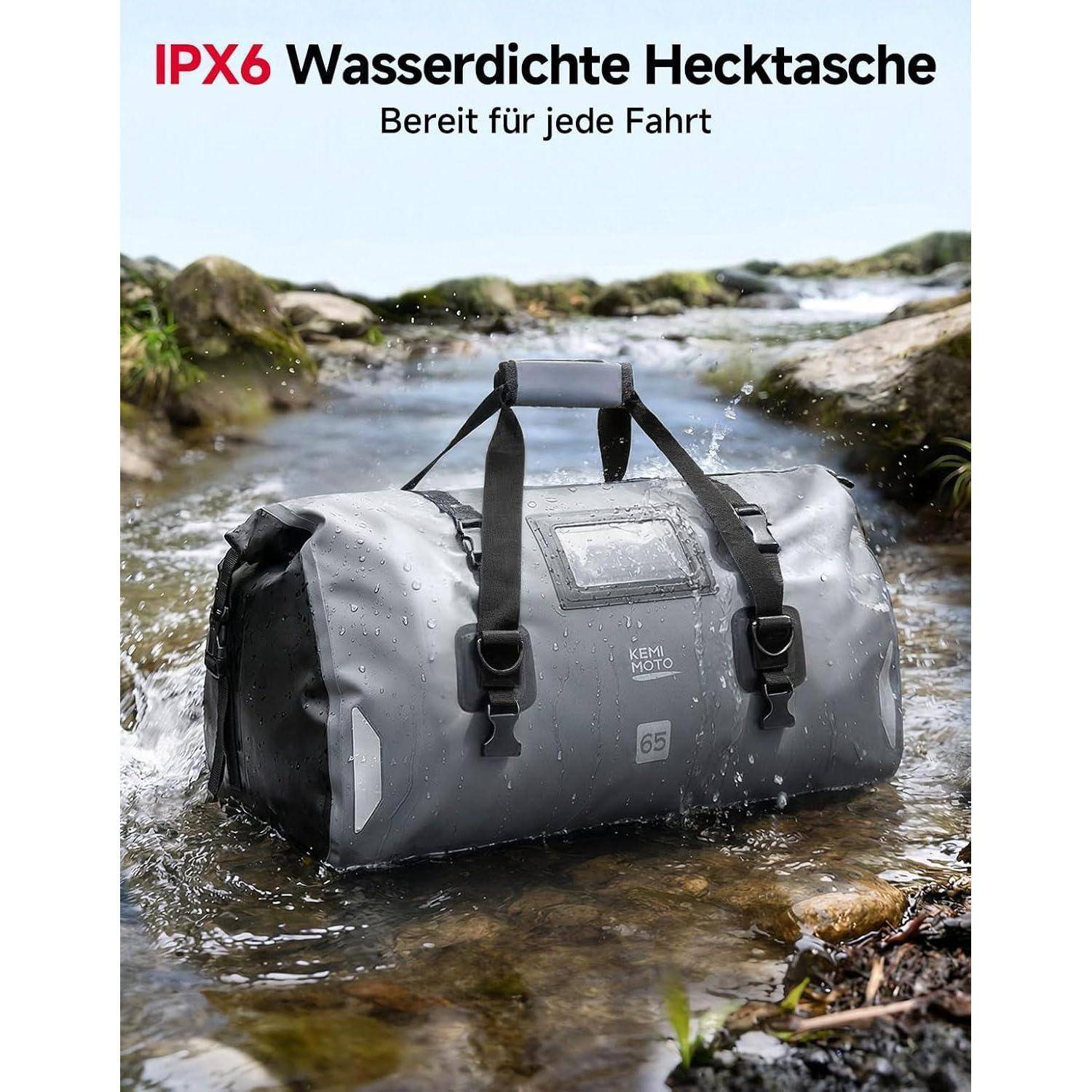 KEMIMOTO Motorrad Hecktasche 65L, IPX6 wasserdichte Motorradtasche Gepäckrolle mit Schnellverschlussgurten, Große Kapazität &amp; Mehrere Fächer, Idea