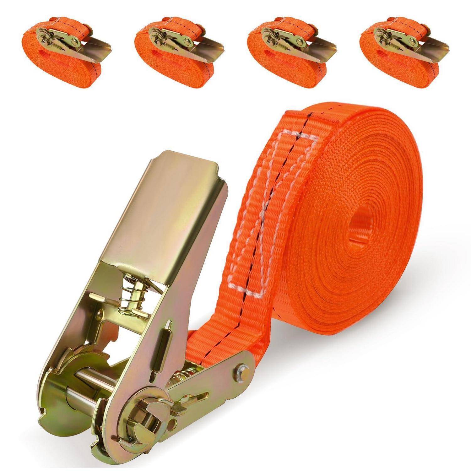 Orange Spanngurt-Rolle mit Metallschnalle, gezeigt mit vier kleinen Detailbildern des aufgerollten und gesicherten Gurts.