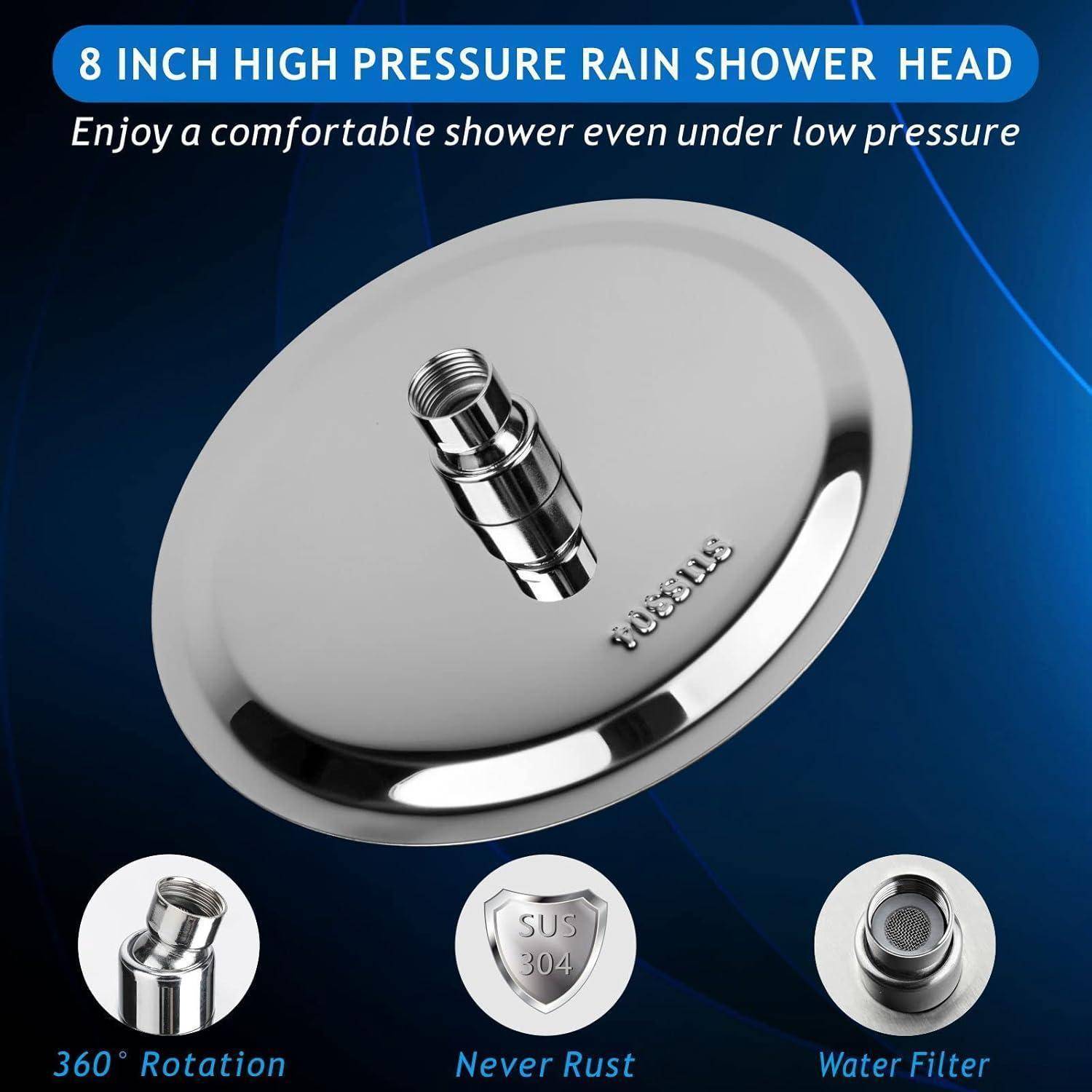 Werbebild eines 20 cm großen Hochdruck-Regenduschkopfs, dargestellt mit 360°-Rotation, SUS 304-Rostbeständigkeit und integriertem Wasserfilter.