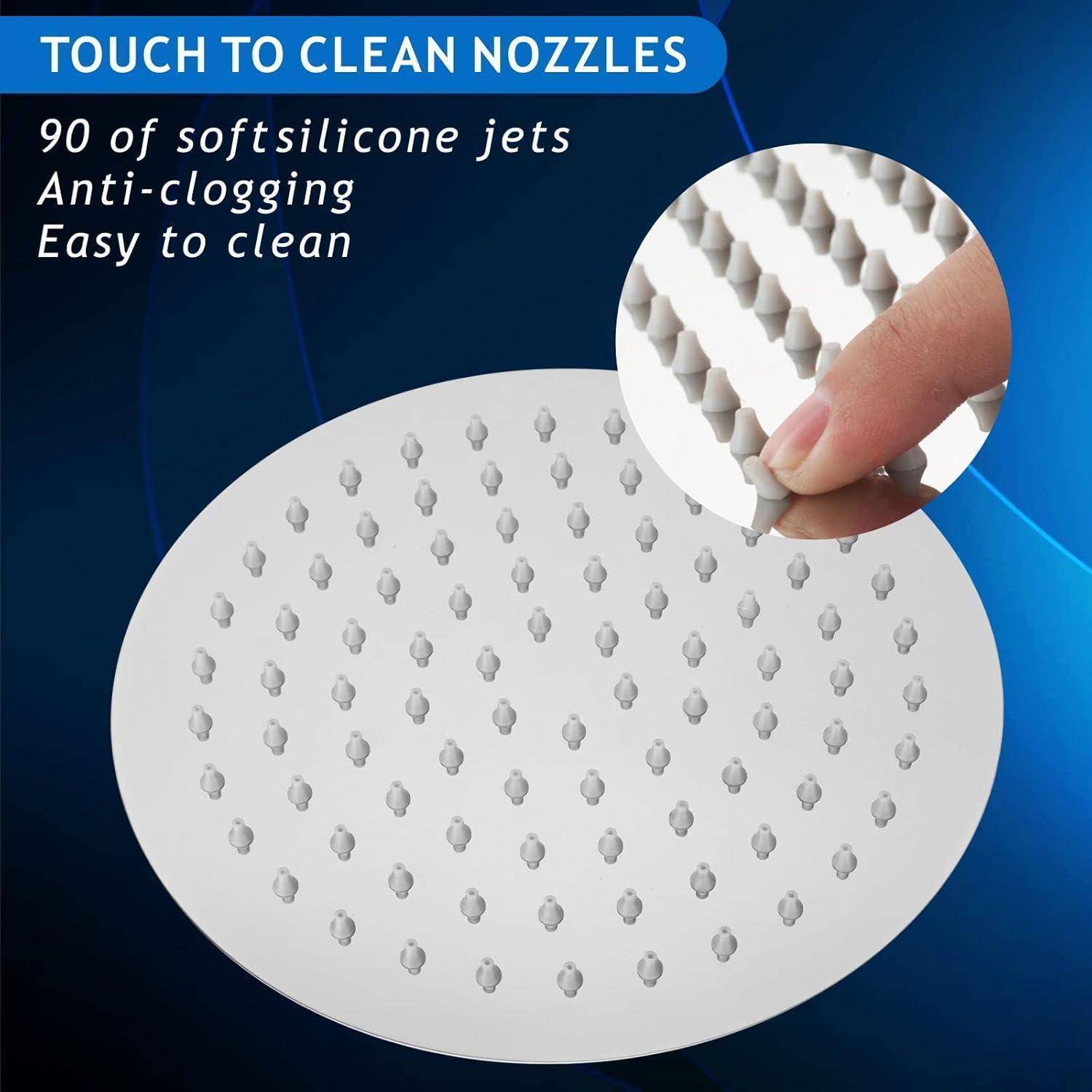 Produktbild eines Duschkopfes mit 90 weichen Silikon-Anti-Verstopfungs-Düsen, beschriftet mit „Touch to clean nozzles