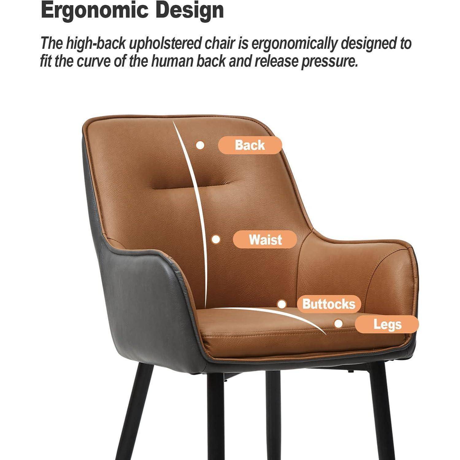 Ergonomisches Designdiagramm eines Hochlehner-Polsterstuhls mit gekennzeichneten Unterstützungsbereichen für Rücken, Taille, Gesäß und Beine zur Druckentlastung.