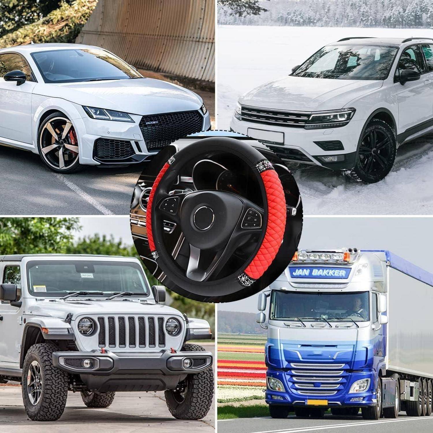 Collage aus vier Fahrzeugen mit einer schwarz-roten Lenkradbezug in der Mitte: eine weiße Sportlimousine, weißer SUV, silberner Jeep und blauer Sattelzug.