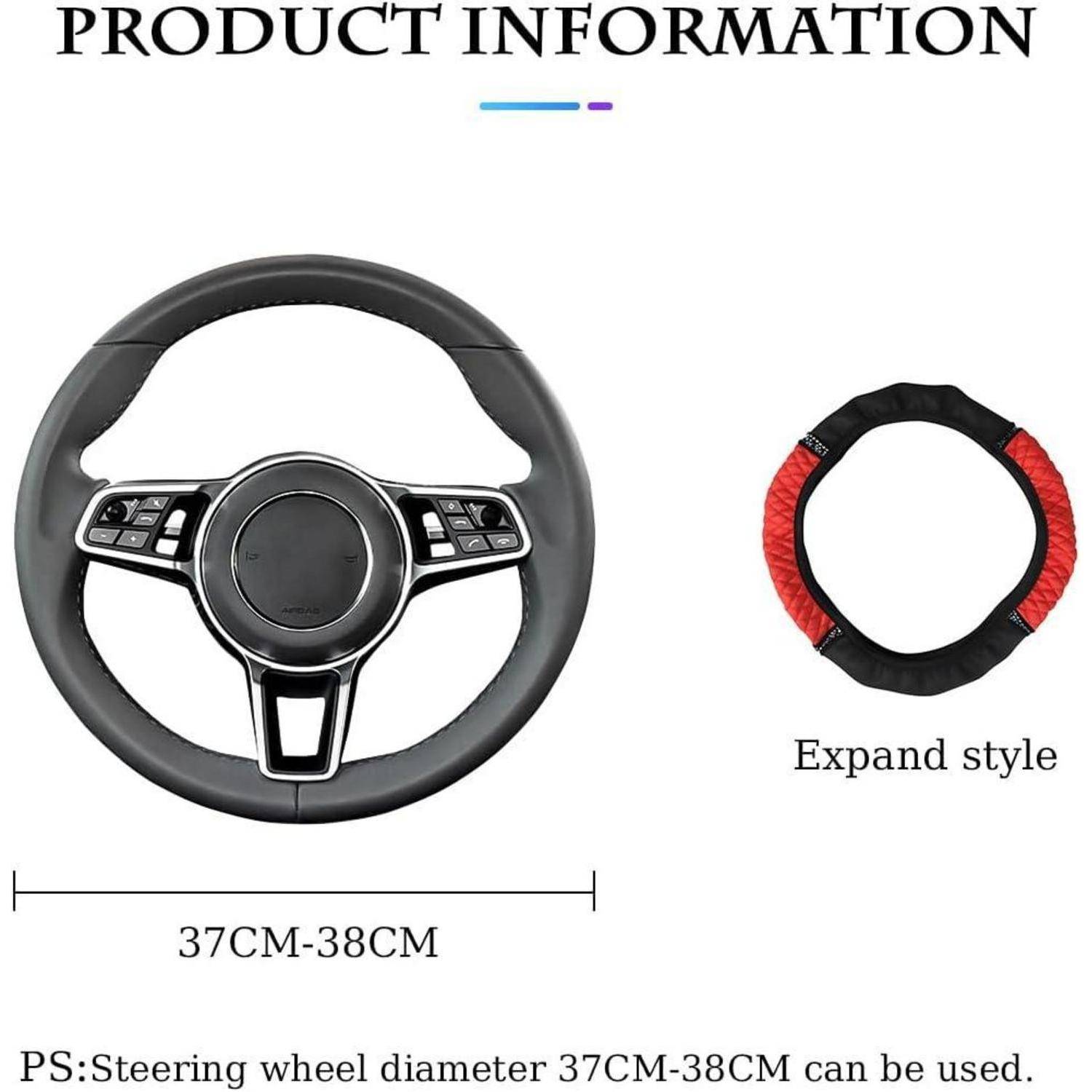 Produktinformationsbild, das eine schwarze Lenkradabdeckung und einen rot-schwarzen ausziehbaren Ringkern zeigt, gekennzeichnet für Lenkräder mit 37CM-38CM Durchmesser.