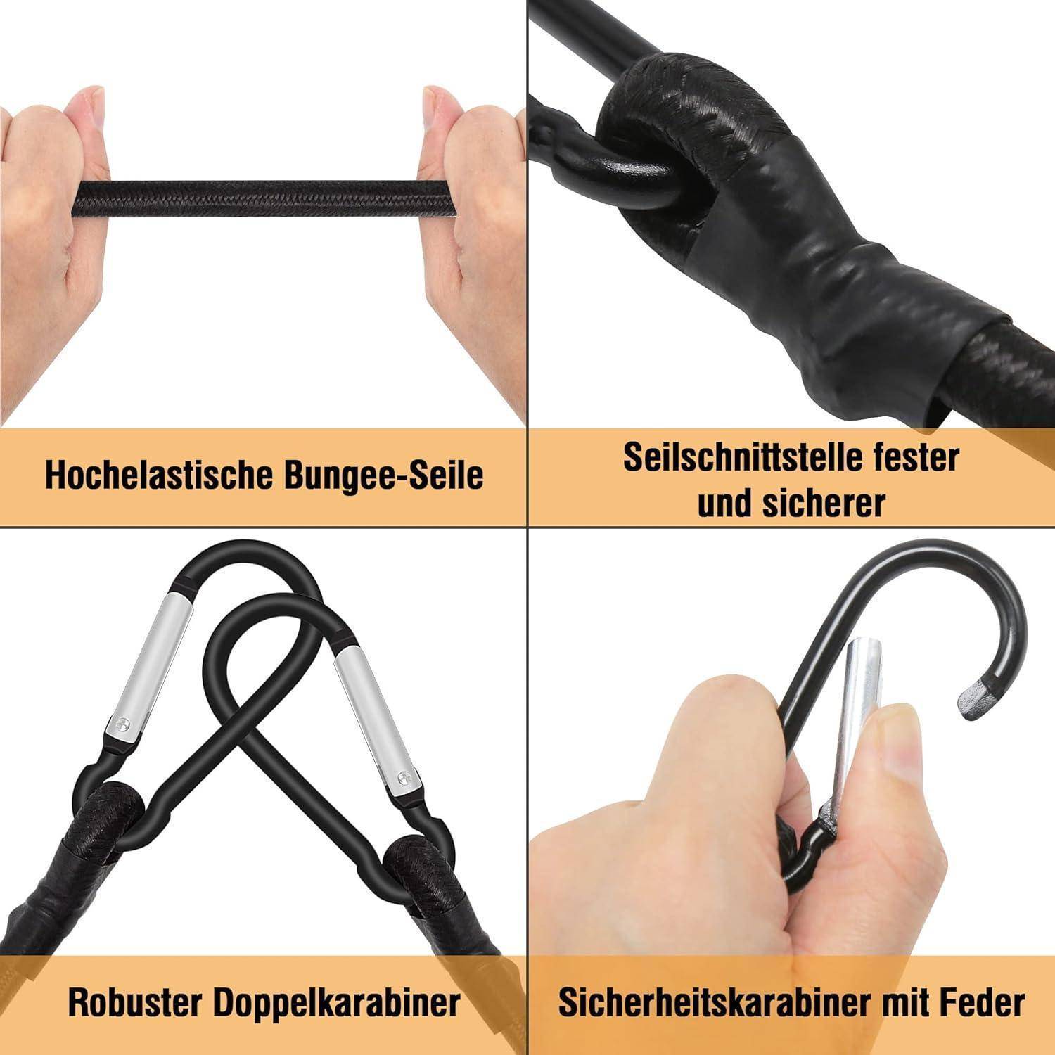 Vierteiliges Produktgrafik zeigt ein Sprungseil mit Sicherheitsmerkmalen: elastisches Seil, verstärkte Spleiße, doppelter Karabiner und federbelasteter Sicherheitskarabiner.