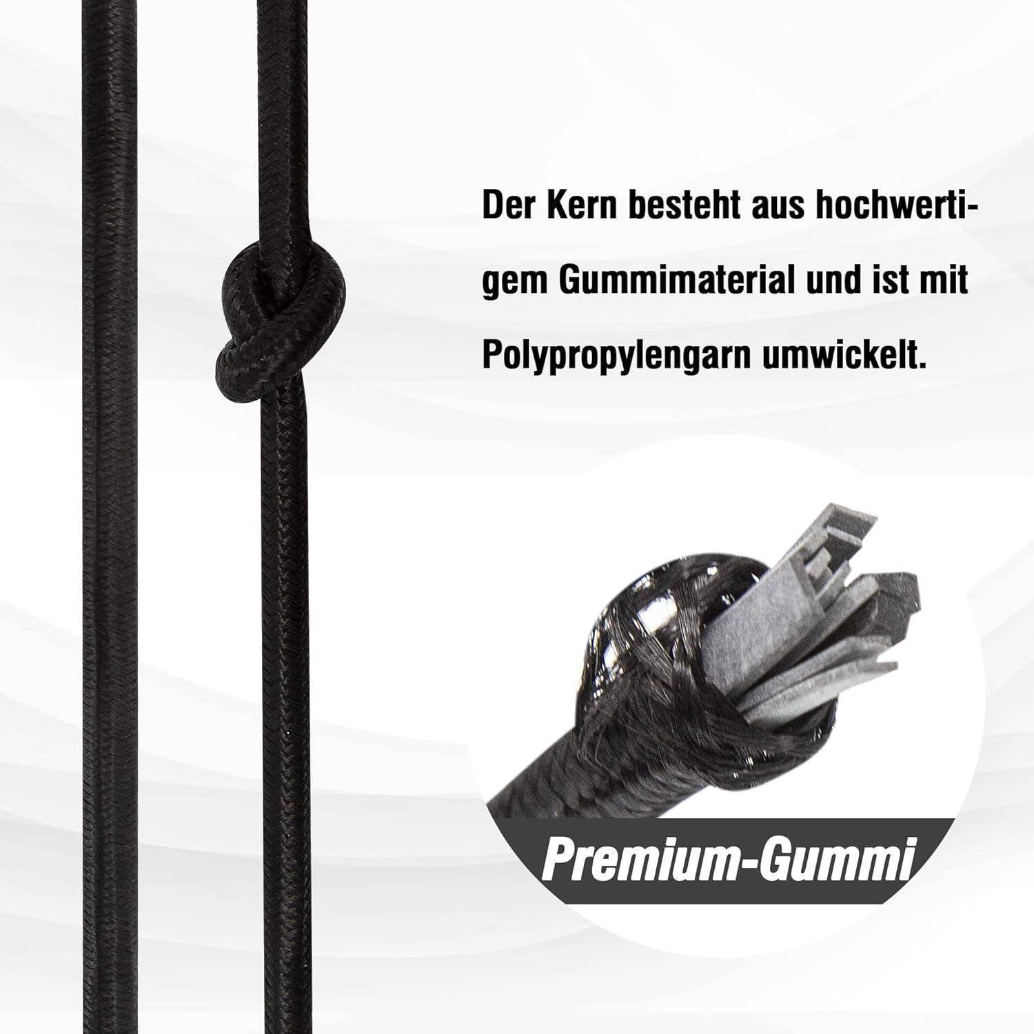 Diagramm eines schwarzen Seils mit Darstellung der Kernkonstruktion; deutscher Text besagt, dass der Kern aus hochwertigem Gummi besteht, der mit Polypropylen-Garn umwickelt ist, beschriftet als „Premium-Gummi