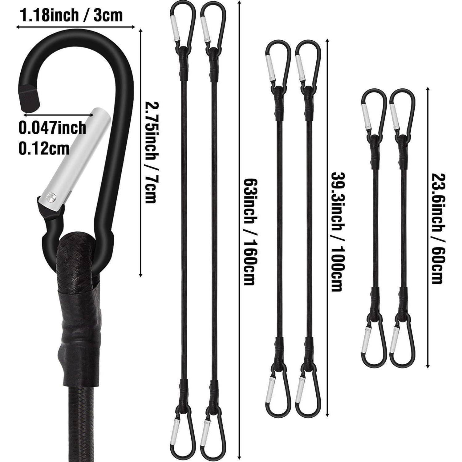 Größentabelle des Produkts zeigt drei schwarze Karabiner-Lanyards mit Längen von 63 Zoll, 39,3 Zoll und 23,6 Zoll sowie Detailaufnahmen der Abmessungen des Hakenendes.
