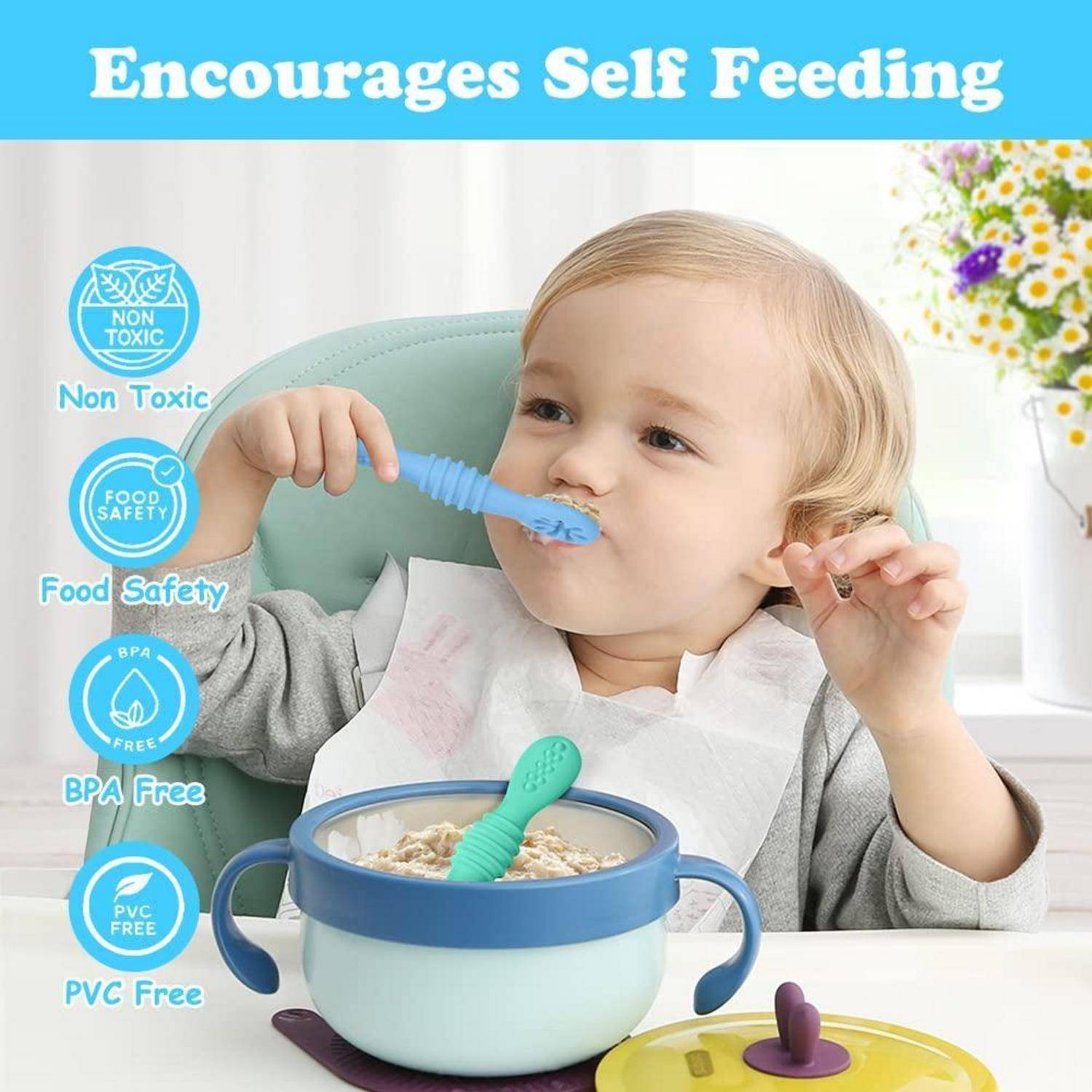 Kleinkind isst selbstständig aus einer Schüssel mit einem blauen Löffel; die Produktanzeige besagt „Fördert selbstständiges Essen" und hebt hervor, ungiftig, lebensmittelsicher, BPA-frei und PVC-frei.