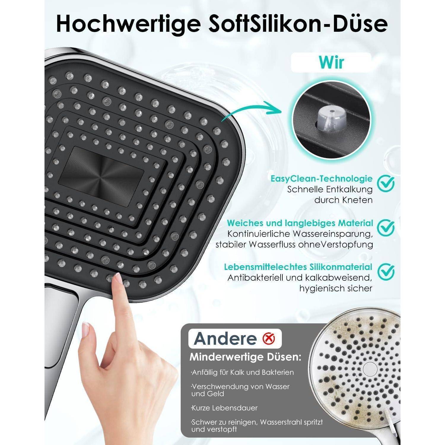 Duschkopf Wassersparend, Duschbrause Groß 135mm, Handbrause mit Antikalk-Funktion 【Lebensmittelechtes Silikon】【43% Wassereinsparung】, AirMix