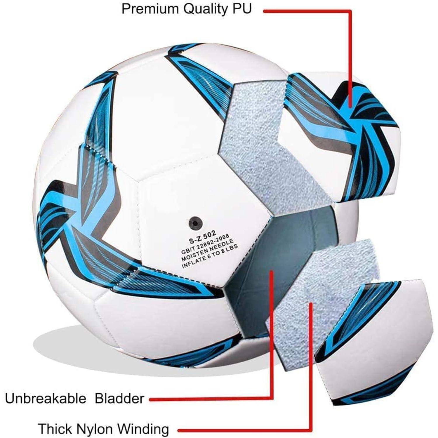 Illustrierter Fußball mit Schnittansicht mit Beschriftungen „Premium-Qualität PU", „Unzerbrechliche Blase"" und „Dicke Nylon-Wicklung"", die die geschichtete Konstruktion und Materialien zeigt.
