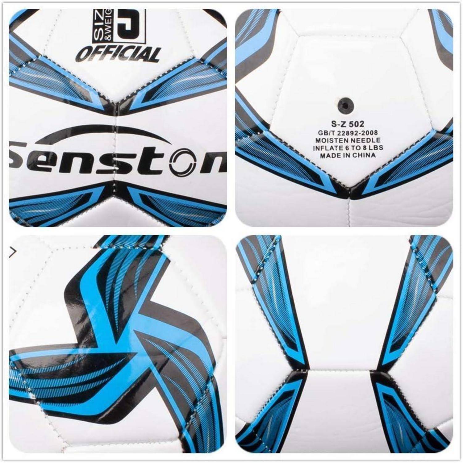 Nahaufnahme-Collage eines weiß-blauen Senston-Fußballs mit Markenlogo und Produktdetails, einschließlich „S-Z502", „Official"" und Aufblas-/Befeuchtungsanweisungen.