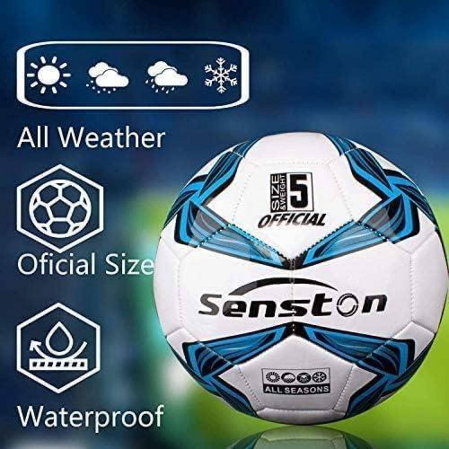Produktbild eines weiß-blauen Fußballs der Größe 5 von Seston mit den Beschriftungen „All Weather" (Für alle Wetterbedingungen), „Official Size"" (Offizielle Größe) und „Waterproof"" (Wasserdicht).