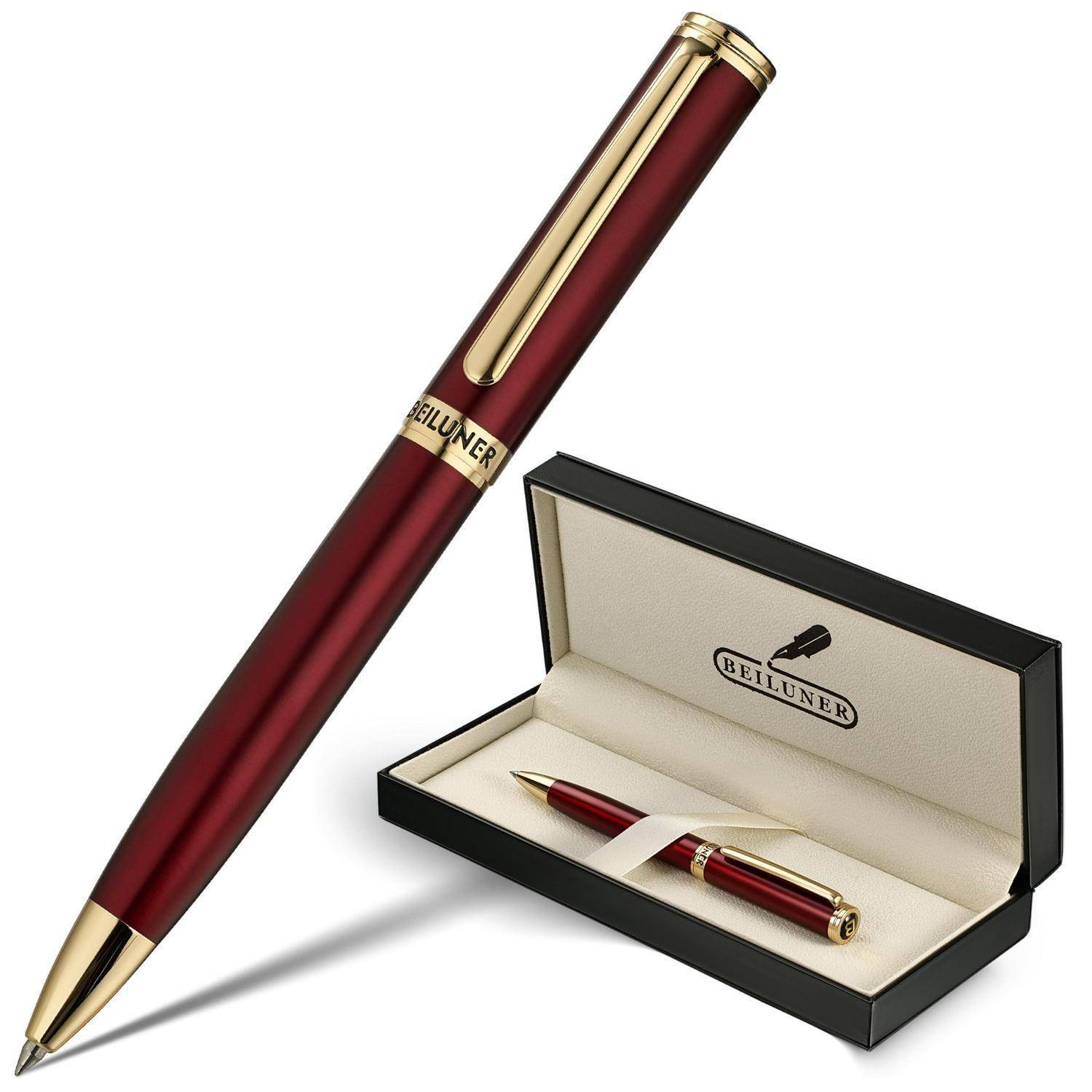 Roter und goldener Luxus-Kugelschreiber, gezeigt mit einer offenen Präsentationsbox, die den passenden Stift enthält.