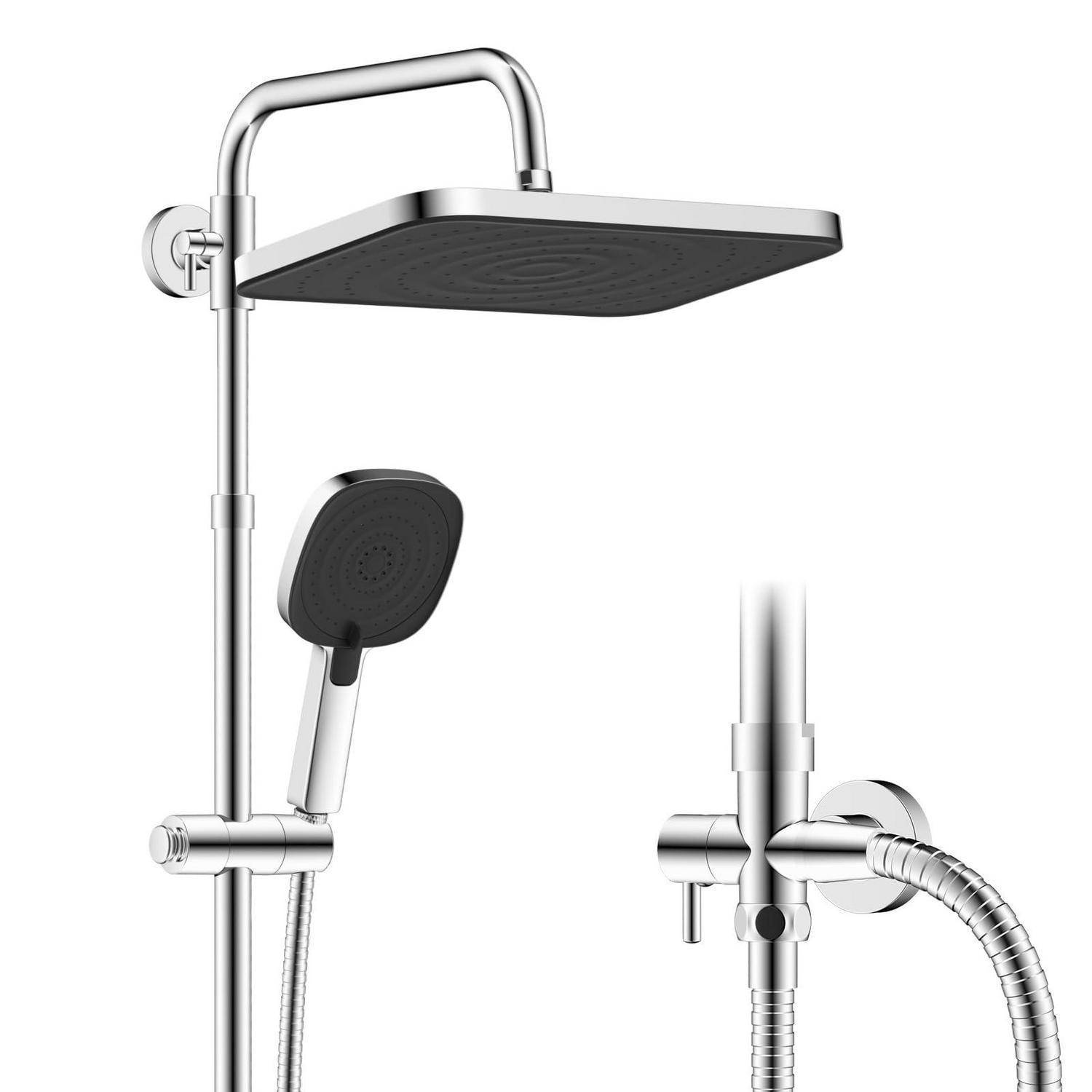 Chrome-Duschen-Set mit großem Kopfbrause-Regendusch-Aufsatz, tragbarem Handbrausen-Wand und wandmontiertem Ventil auf weißem Hintergrund.