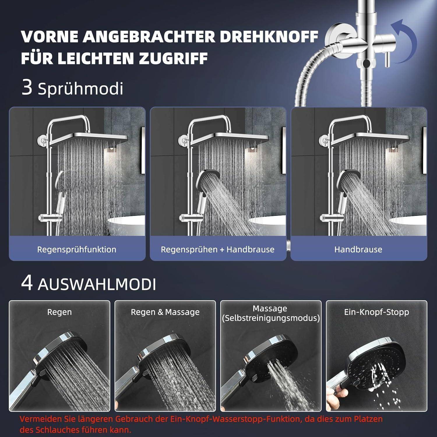 Duschkopf-Grafik mit frontseitig angebrachtem Drehregler für einfache Bedienung, mit 3 Sprühmodi und 4 wählbaren Modi: Regen, Regen plus Massage, Massage Selbstreinigung und Ein-Knopf-Stopp.