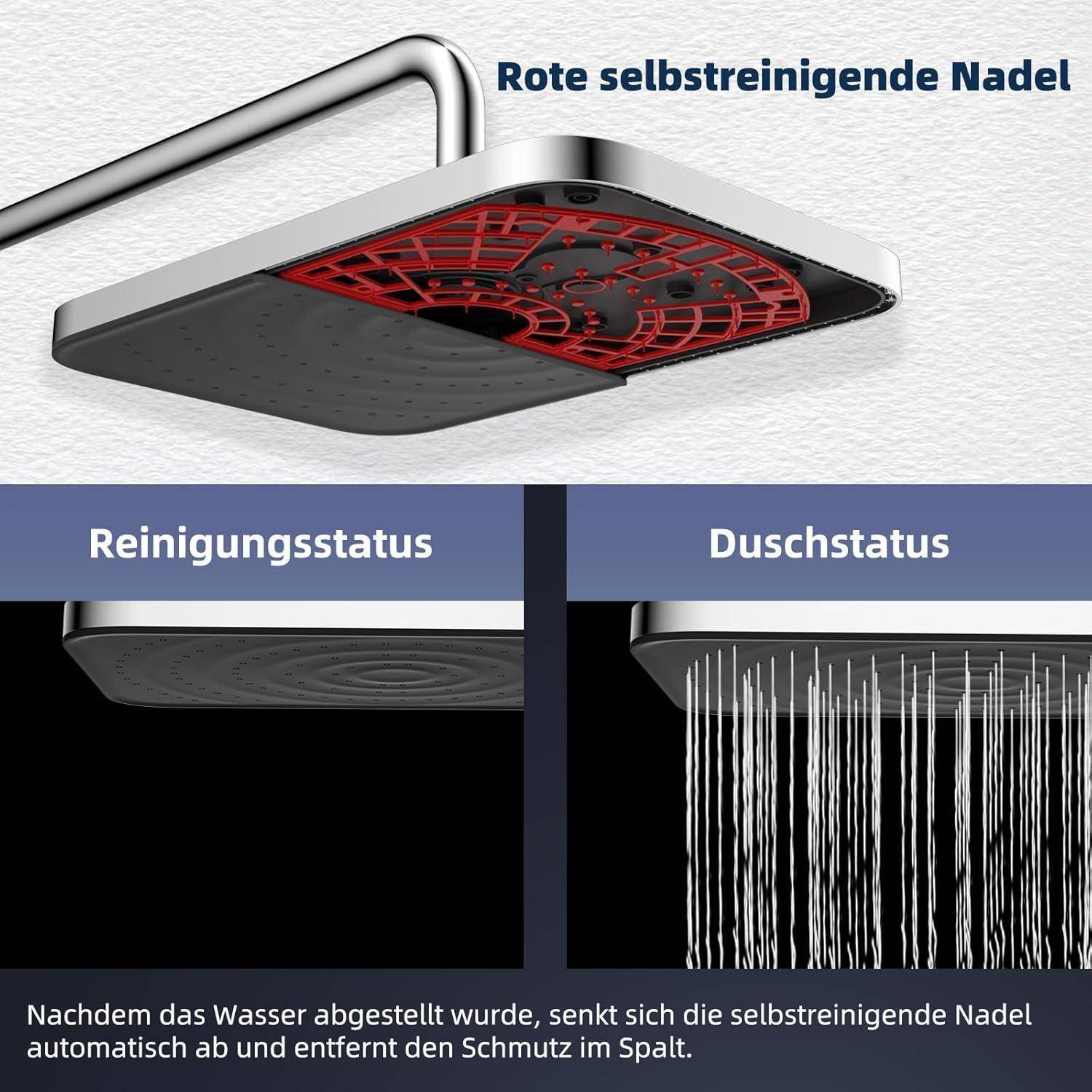 Diagramm eines roten selbstreinigenden Duschkopfes, das den 'Reinigungsstatus' mit abgesenktem Kopf und den 'Duschstatus' mit Wasserspray zeigt, wobei erklärt wird, dass er absenkt, um Schmutz aus der Spalte zu entfernen.