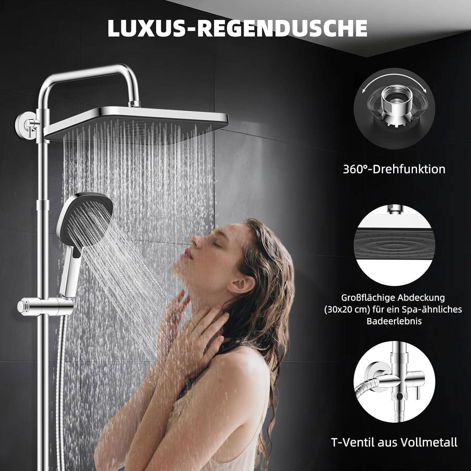 Werbebild eines luxuriösen Duschasystems mit großem Regenduschkopf und tragbarer Sprühvorrichtung, das eine badende Frau zeigt; deutscher Text hebt 360°-Drehung und große Abdeckung hervor.