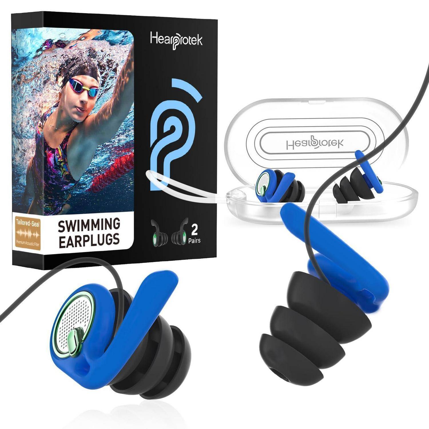 Produktabbildung von Hearprotek Schwimm-Ohrstöpseln: blau-schwarze Silikon-Ohrstöpsel mit Aufbewahrungsbox, dargestellt auf der Verpackung und in Nahaufnahmen.