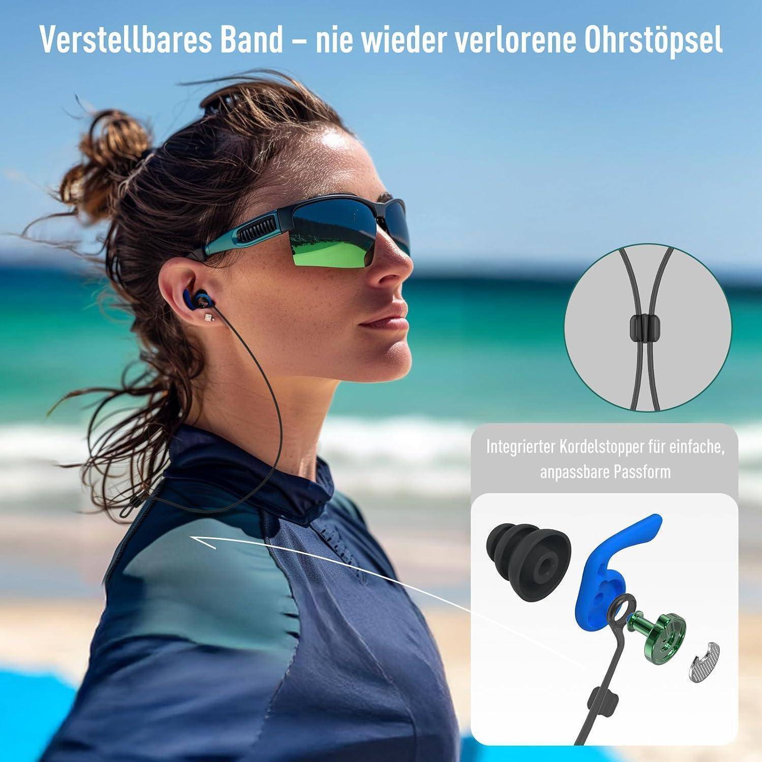 Frau am Strand, die Kopfhörer mit Nackenband trägt; deutsche Anzeige für ein 