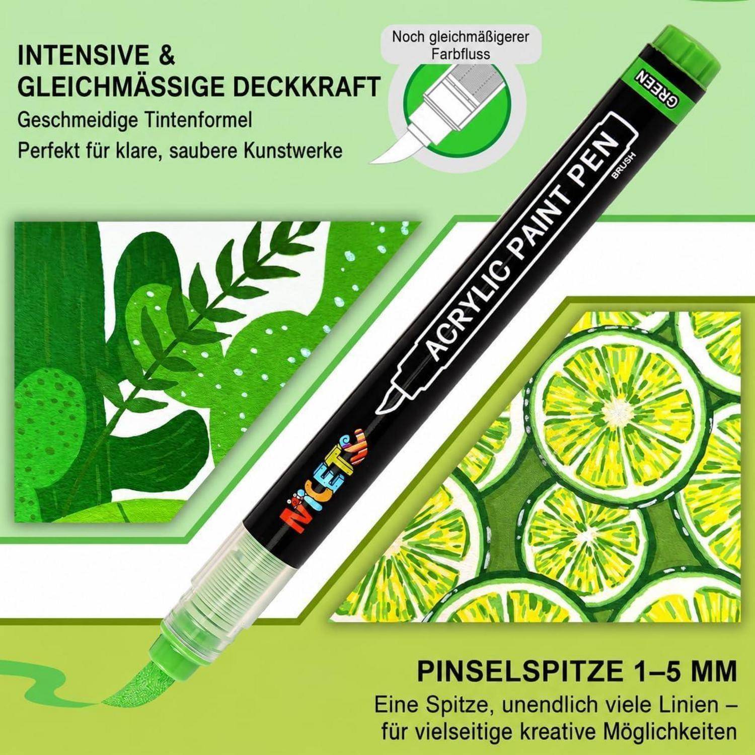 Werbegrafikdesign für einen grünen NUCET-Acryllackstift mit hervorgehobener intensiver undurchsichtiger Tinte, gleichmäßigem sanftem Fluss und einer 1–5 mm Pinselspitze für präzise grüne Kunstwerke.