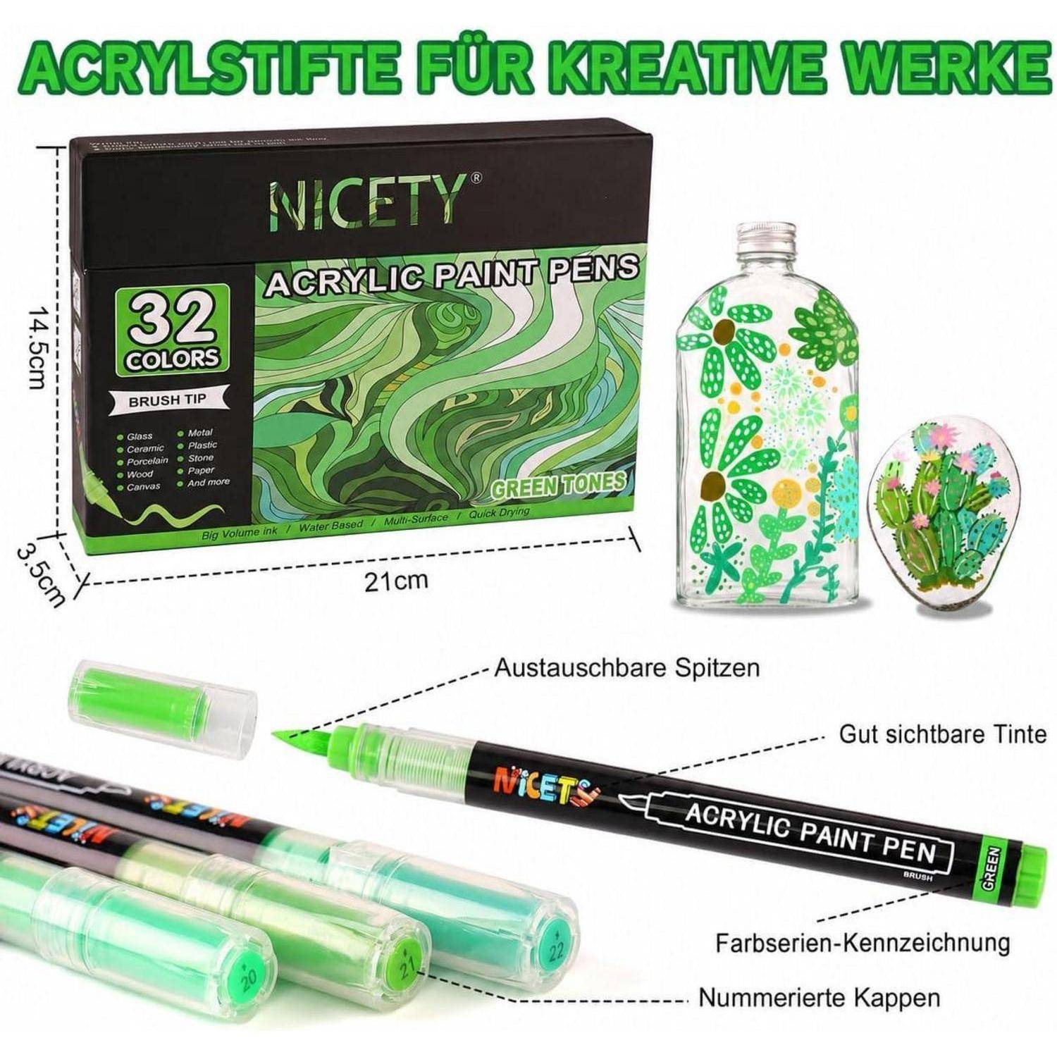 Werbebildetikette für NICETY-Acrylmarker: 32 Grüntöne, Pinselspitzen, austauschbare Spitzen, sichtbare Tinte, nummerierte Kappen, gezeigt mit dekorierter Flasche und Palette.