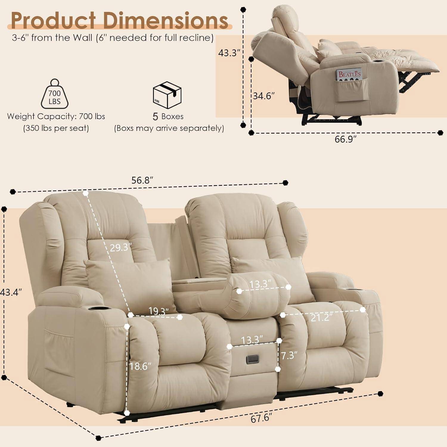 Produktmaßdiagramm für ein beiges Relaxations-Loveseat: 144,3 cm breit, 110,2 cm hoch, 171,7 cm tief; Gewichtstragelast 317 kg; wird in 5 Kartons versendet.