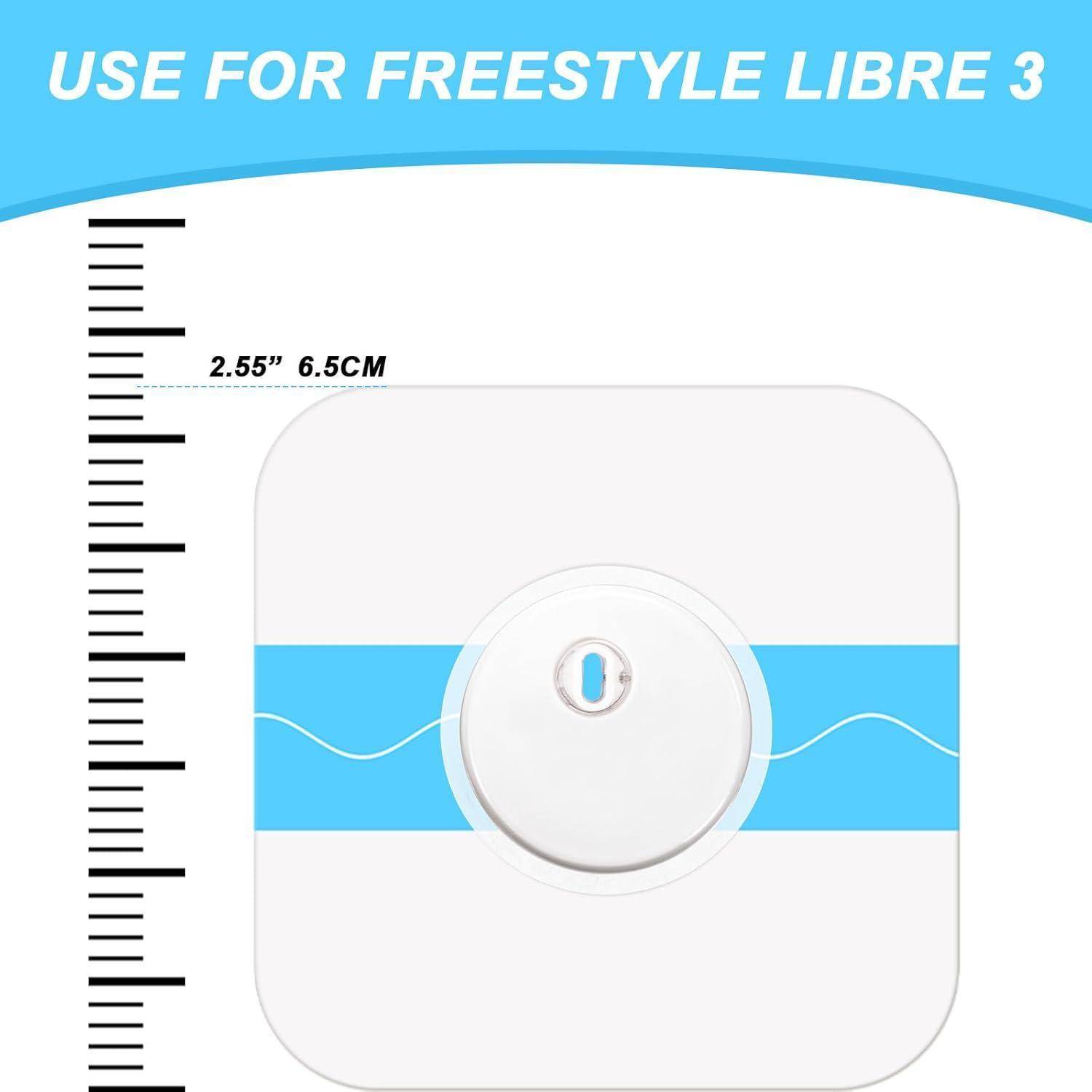 Anleitung-Grafik mit der Aufschrift „ZUR VERWENDUNG MIT FREESTYLE LIBRE 3" mit einem quadratischen Sensor, der über einem Lineal zentriert ist, mit der Beschriftung 2,55"" 6,5 CM, die Größe und Passform anzeigt.