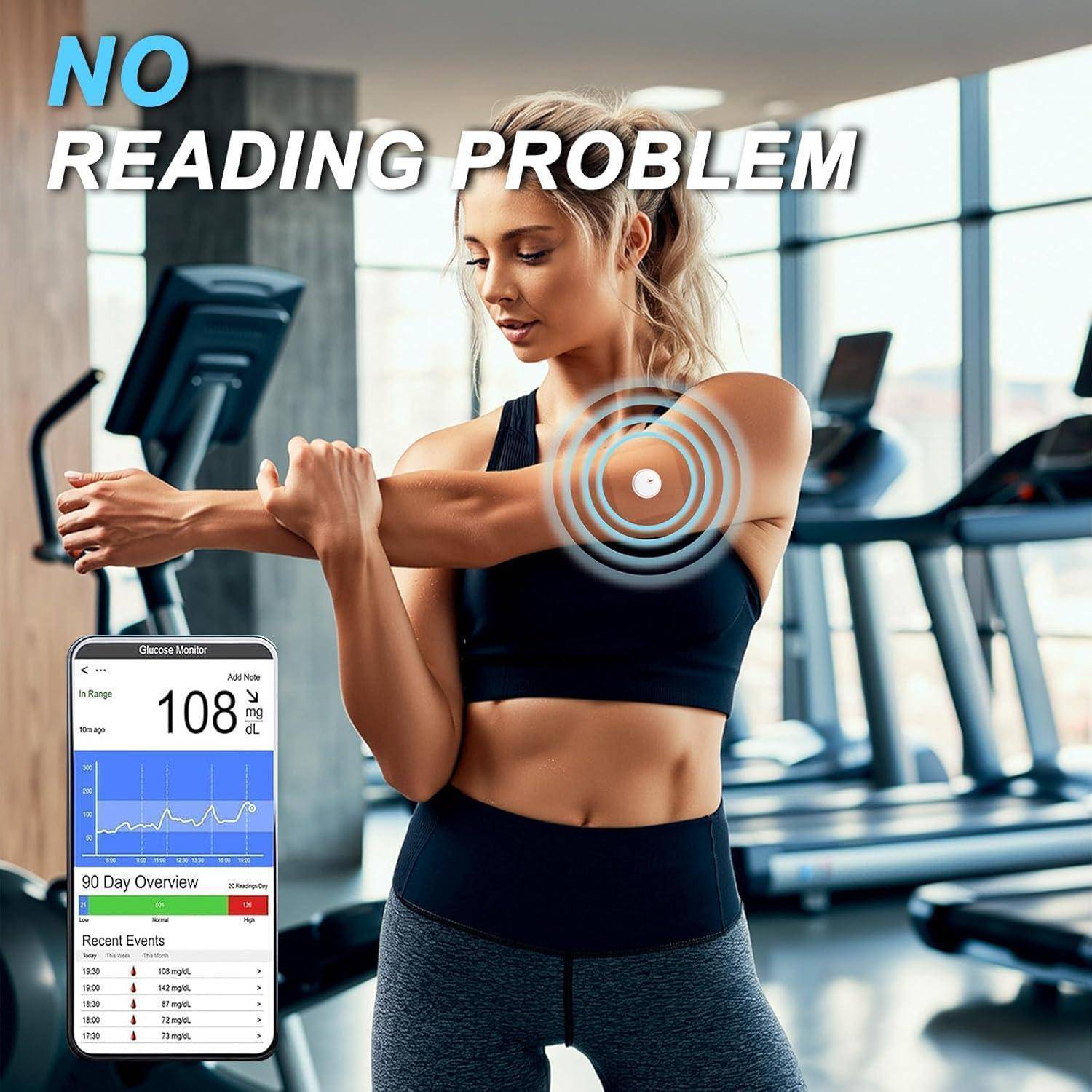 Fitness-Bild einer Frau, die im Fitnessstudio dehnt, mit einer Glukose-Monitor-App-Überlagerung und dem Text „KEIN LESEPROBLEM", der einen Arm-Sensor hervorhebt.