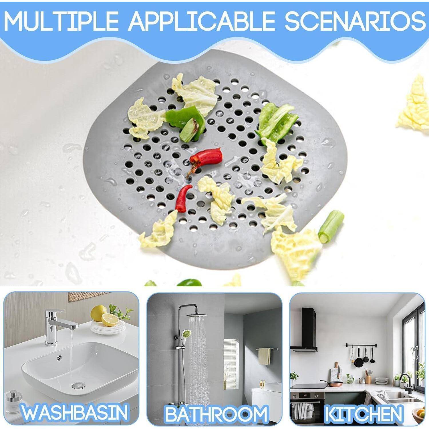 HORREX 6 Stück Abflusssieb Silikon, Quadrat Duschsieb Abfluss Haare (Grau) | Abflusssieb Dusche mit Saugnäpfen, Waschbecken Sieb für Badezimmer Bad
