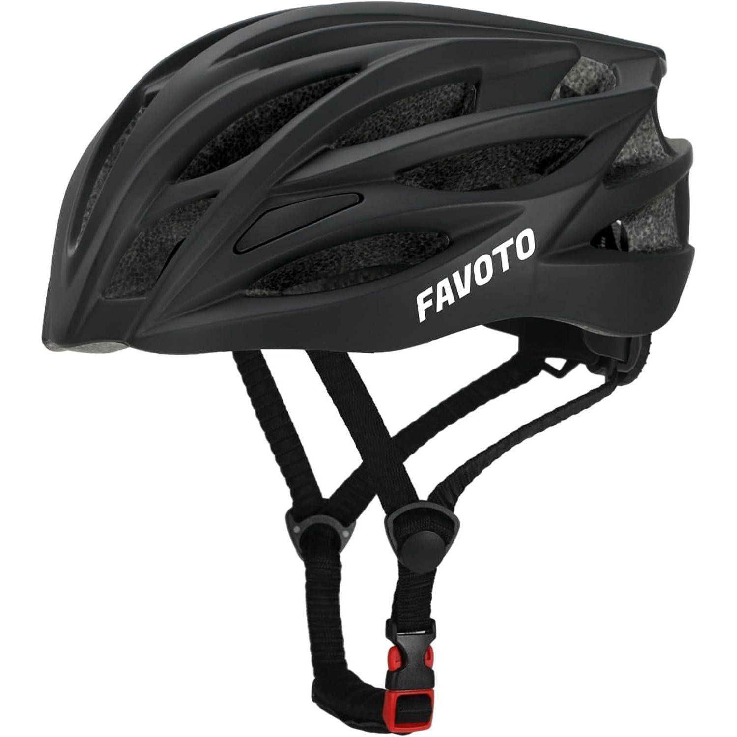 Schwarzer Favoto-Fahrradhelm mit verstellbaren Kinnriemen, auf weißem Hintergrund abgebildet.