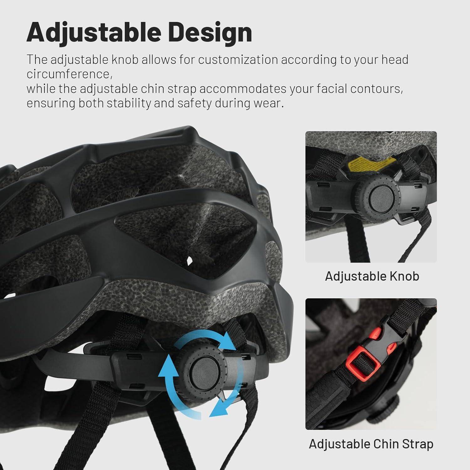 Infografik mit einem verstellbaren Fahrradhelm mit Drehverschluss-Anpassungssystem und verstellbarem Kinnriemen für maßgeschneiderte, sichere Passform.