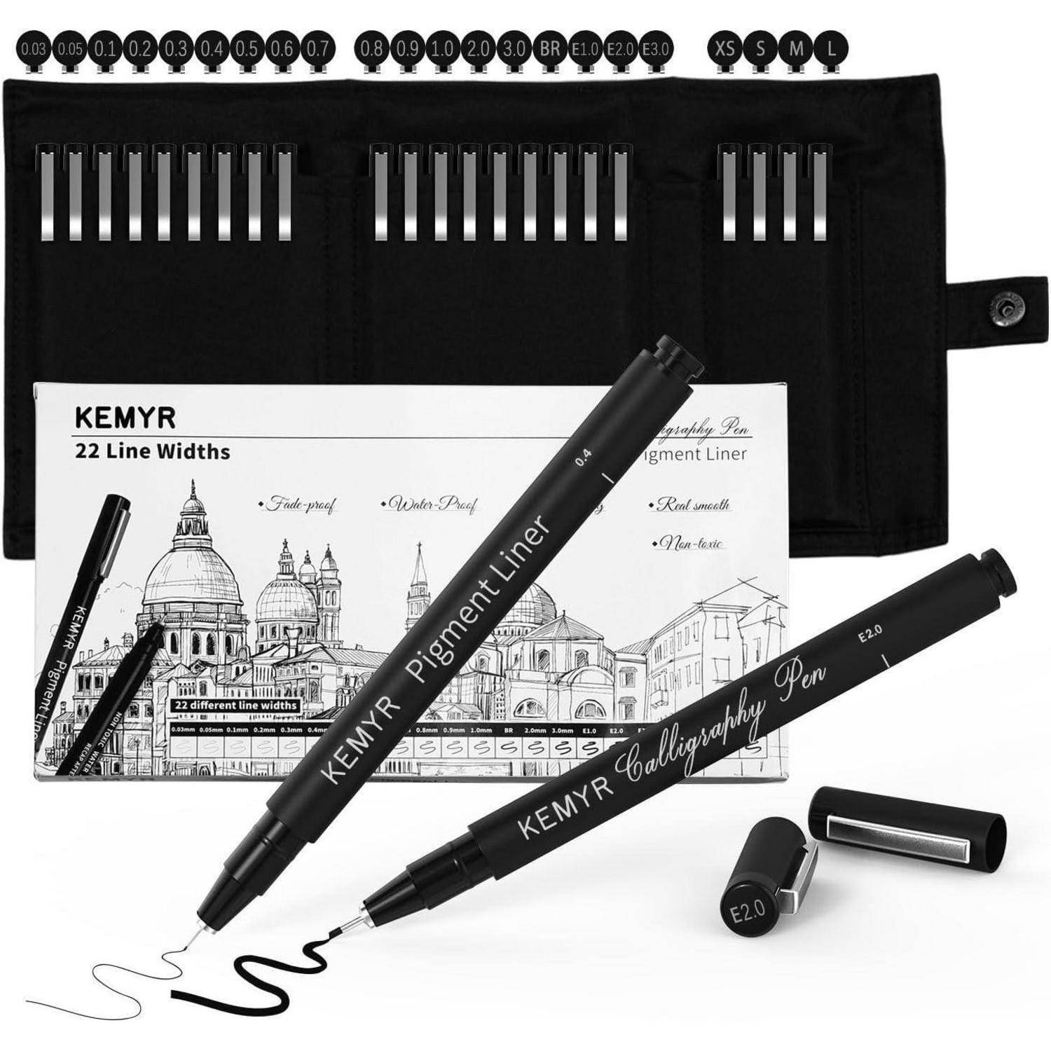 KEMYR Fineliner Set, 22 Pigmentliner, wasserfeste Pigmenttinte, dokumentenecht,für Manga, Comic, Illustration, technisches Zeichnen und