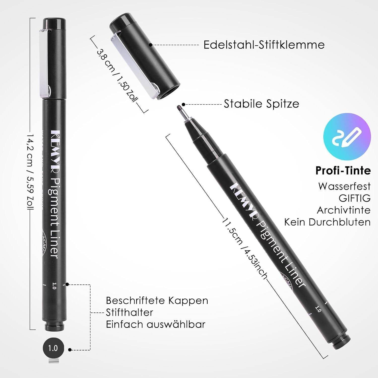 KEMYR Fineliner Set, 22 Pigmentliner, wasserfeste Pigmenttinte, dokumentenecht,für Manga, Comic, Illustration, technisches Zeichnen und