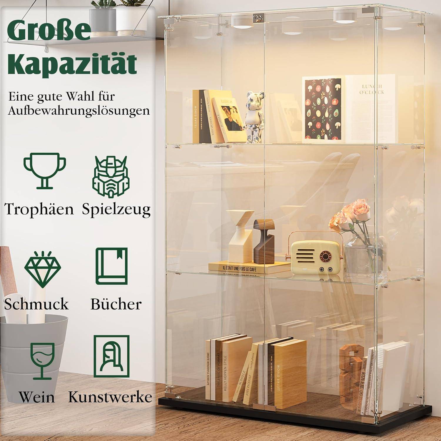 Glasvitrine Standvitrine,Glasvitrine Stehend mit Led,3 Lagen Glas Holz Glas Vitrine Vitrinenschrank 2 TüR und Schloss Vitrine Glasschrank Display