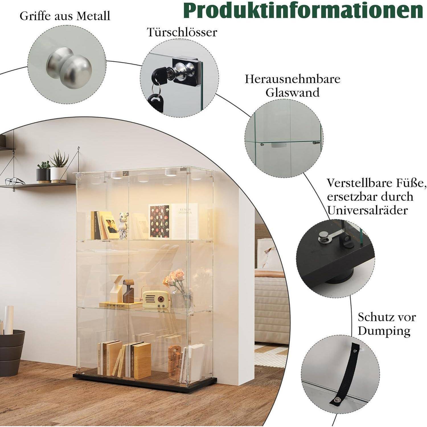 Glasvitrine Standvitrine,Glasvitrine Stehend mit Led,3 Lagen Glas Holz Glas Vitrine Vitrinenschrank 2 TüR und Schloss Vitrine Glasschrank Display
