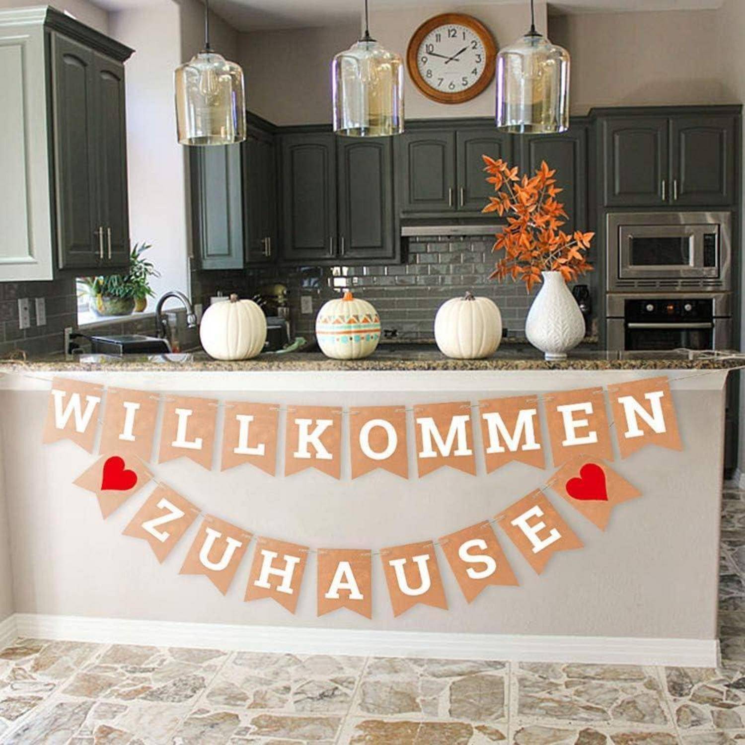 ecooe Willkommen Zuhause Banner, herzlich willkommen Girlande für Dekoration Familie Partei Welcome Home Banner mit 19Stk Wimpeln und 3M Jute Seil*2