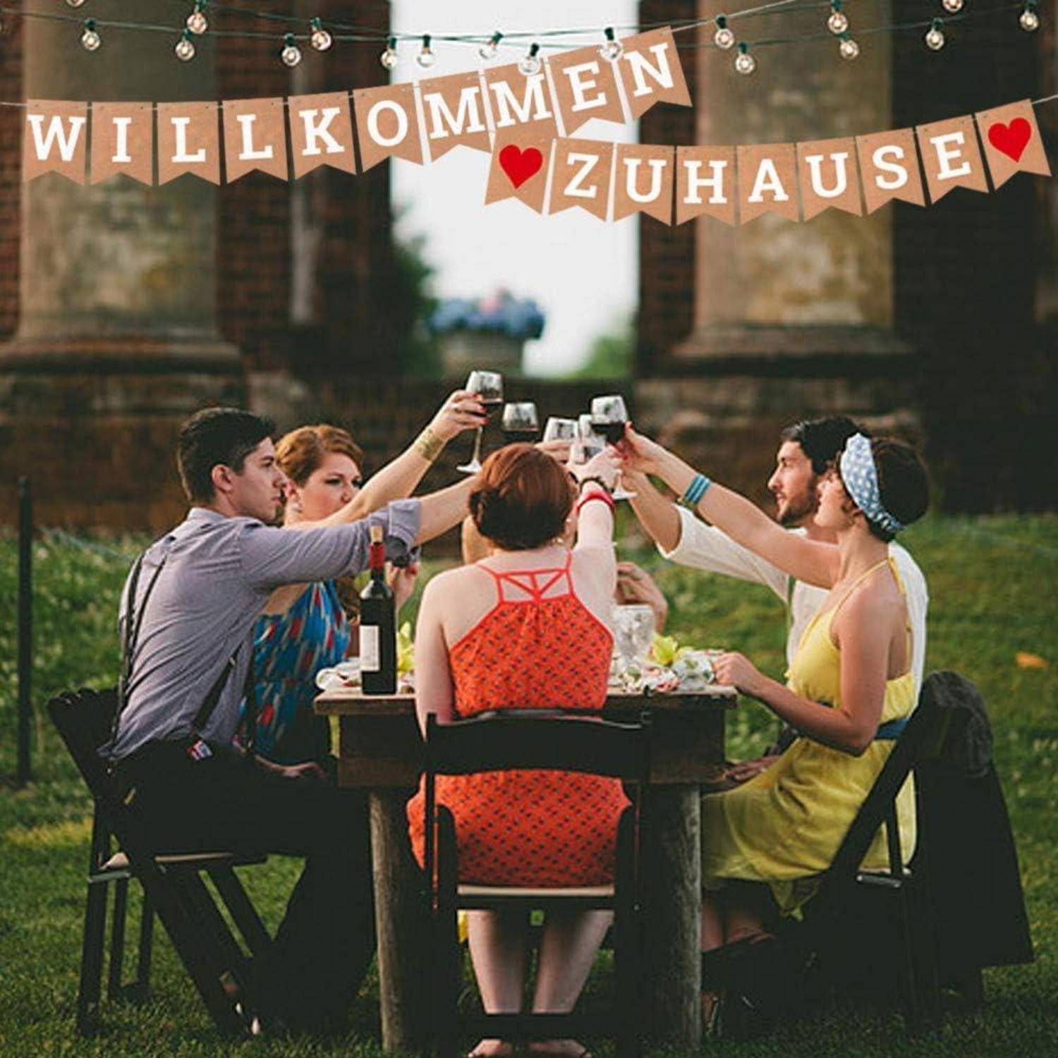 ecooe Willkommen Zuhause Banner, herzlich willkommen Girlande für Dekoration Familie Partei Welcome Home Banner mit 19Stk Wimpeln und 3M Jute Seil*2