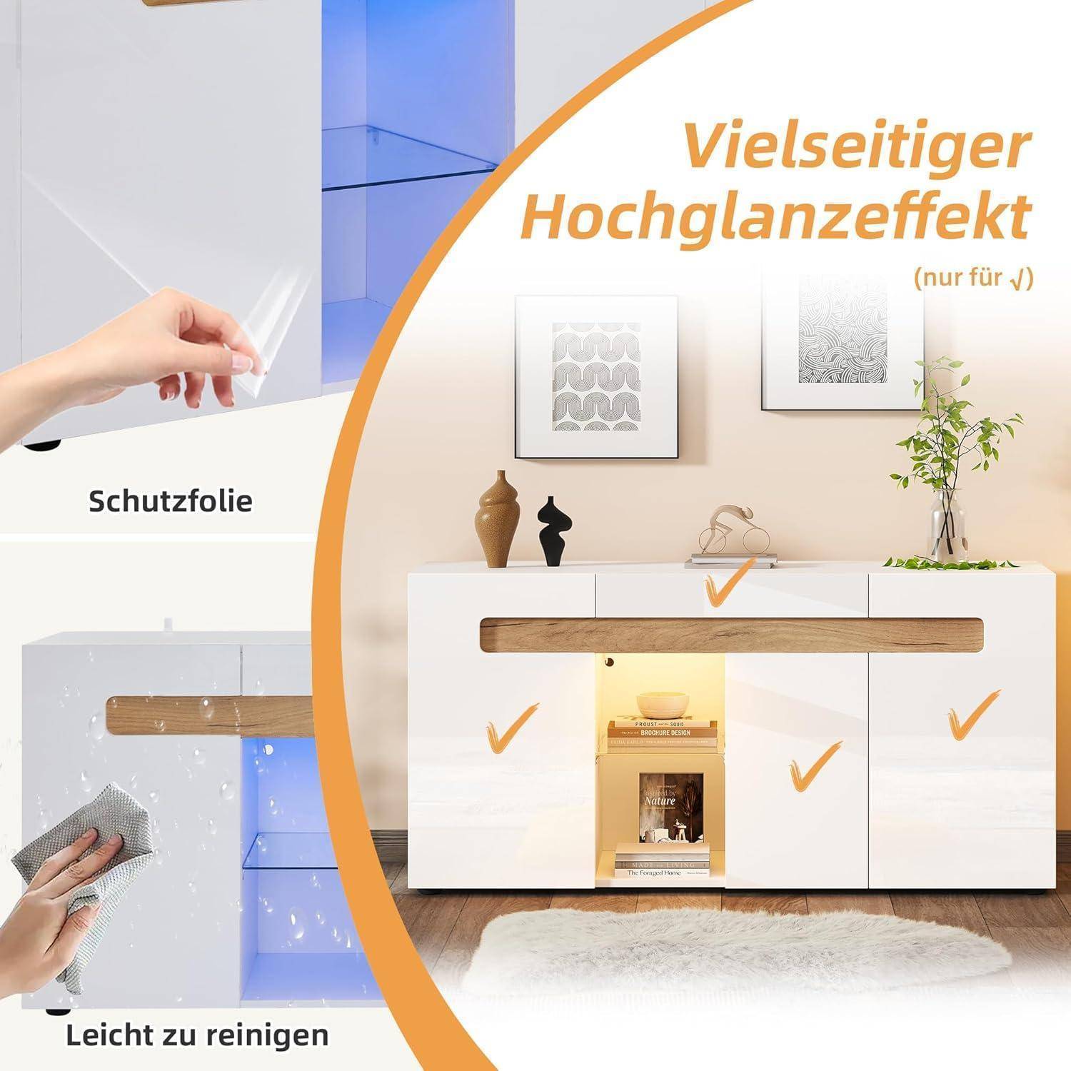 Werbung für hochglänzende Möbelveredelung: Schutzfolie, einfache Reinigung und vielseitiger Hochglanz-Effekt, gezeigt auf einem weißen Sideboard mit orangefarbenen Häkchen.